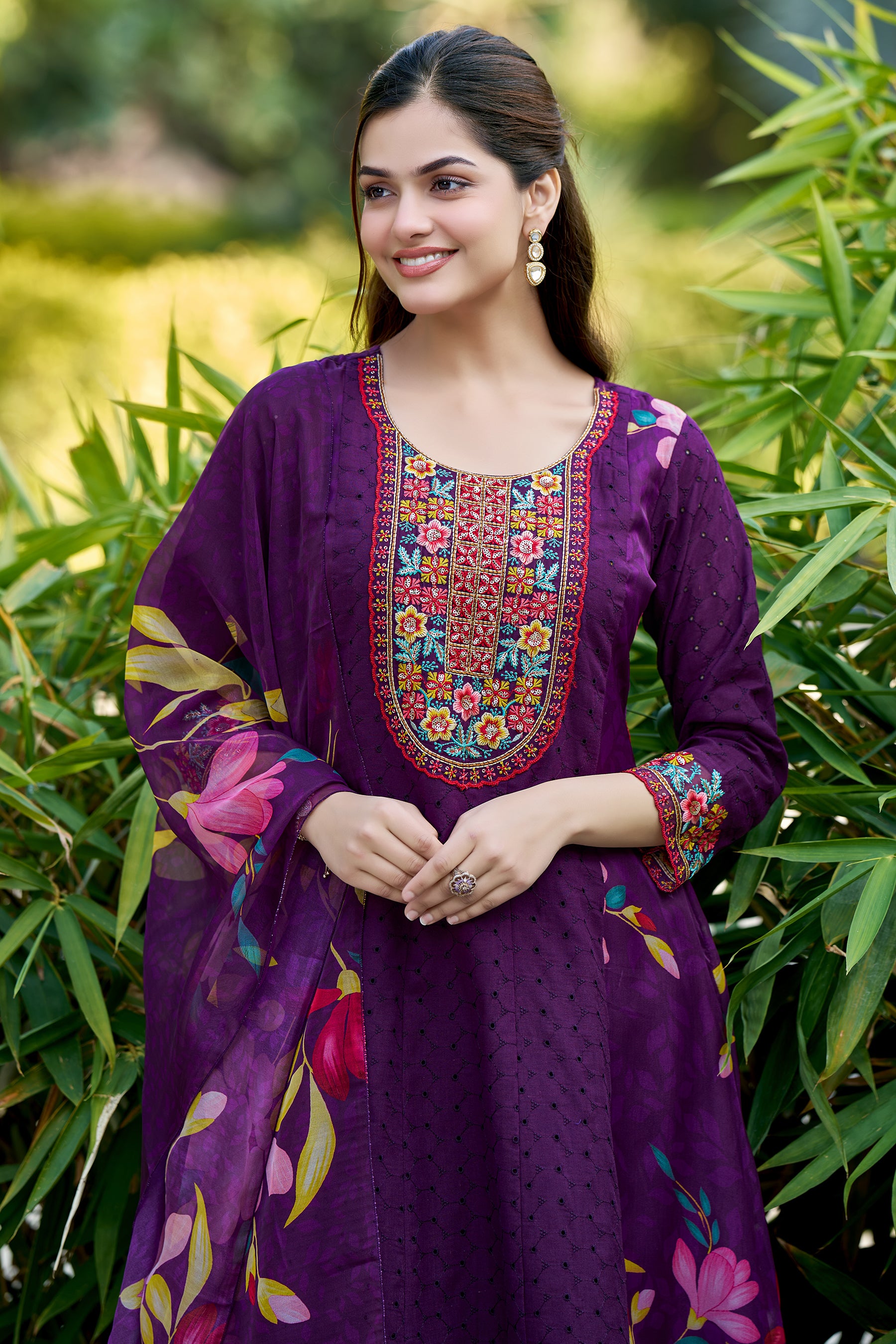 Wine Embroidered Poly Cotton printed Anarkali Kurta With Dupatta Set
