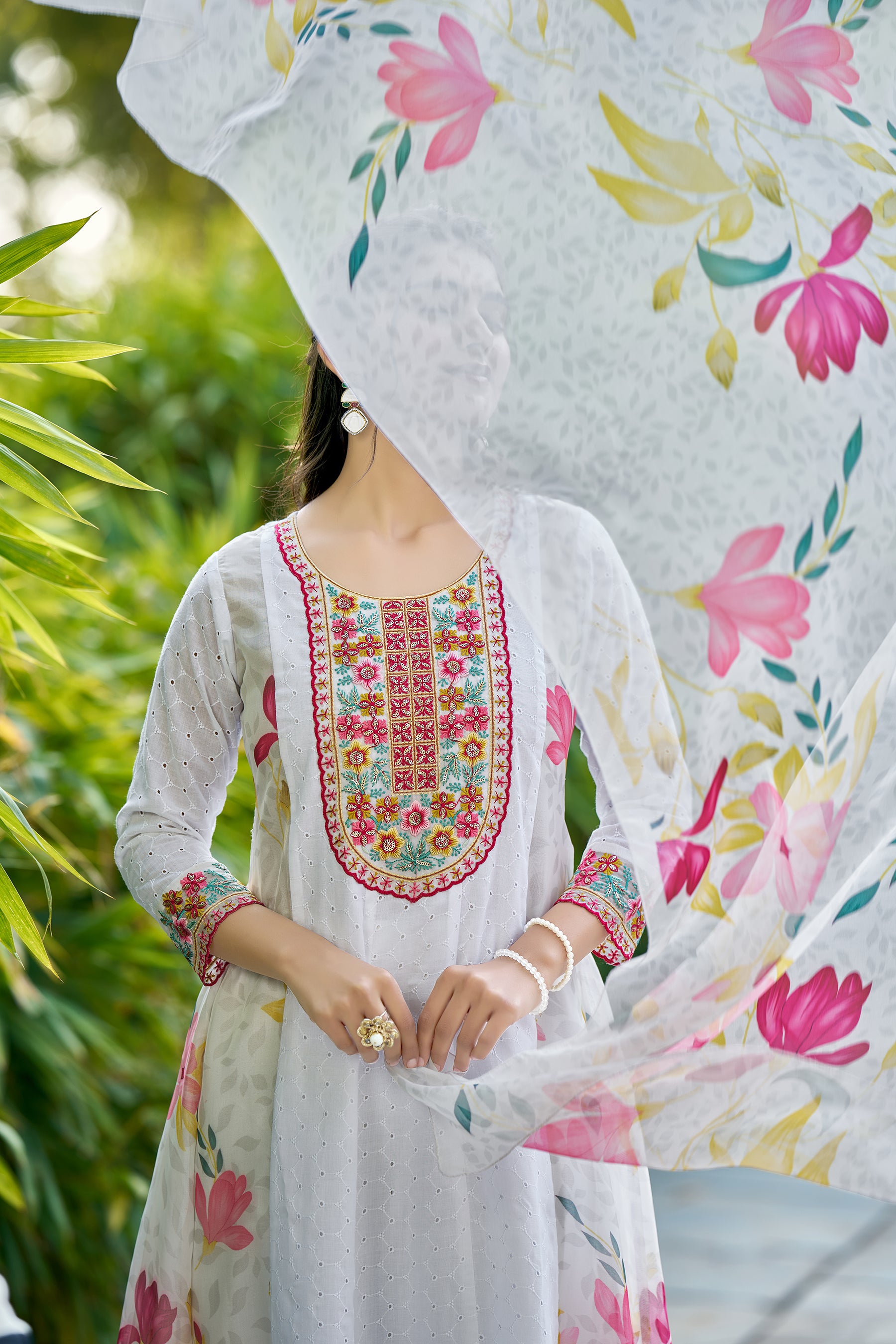 White Embroidered Poly Cotton printed Anarkali Kurta With Dupatta Set