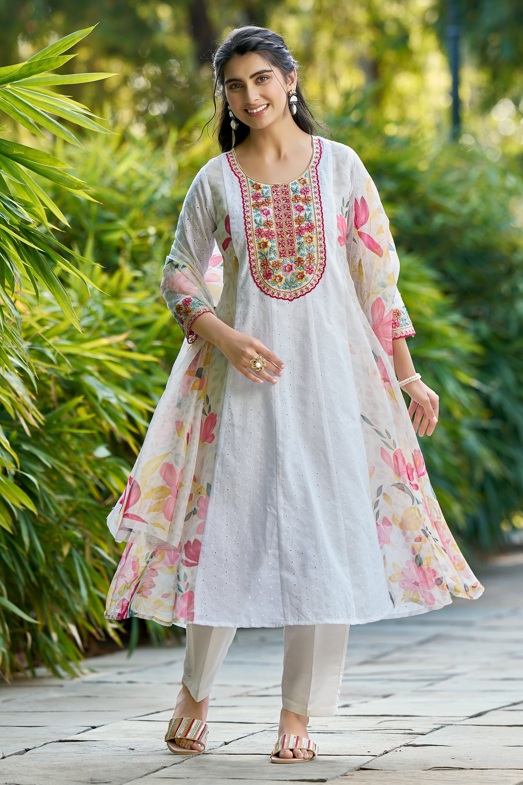 White Embroidered Poly Cotton printed Anarkali Kurta With Dupatta Set