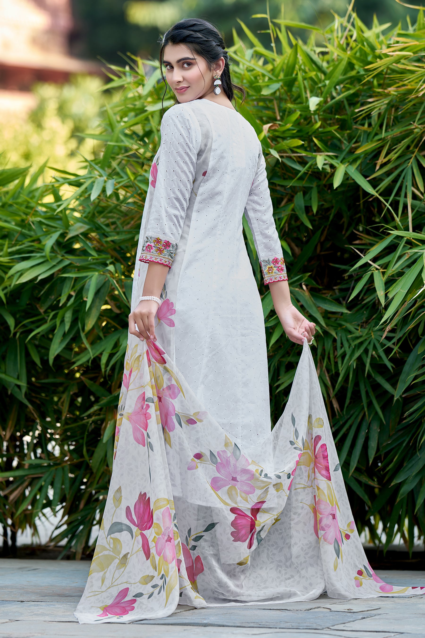 White Embroidered Poly Cotton printed Anarkali Kurta With Dupatta Set