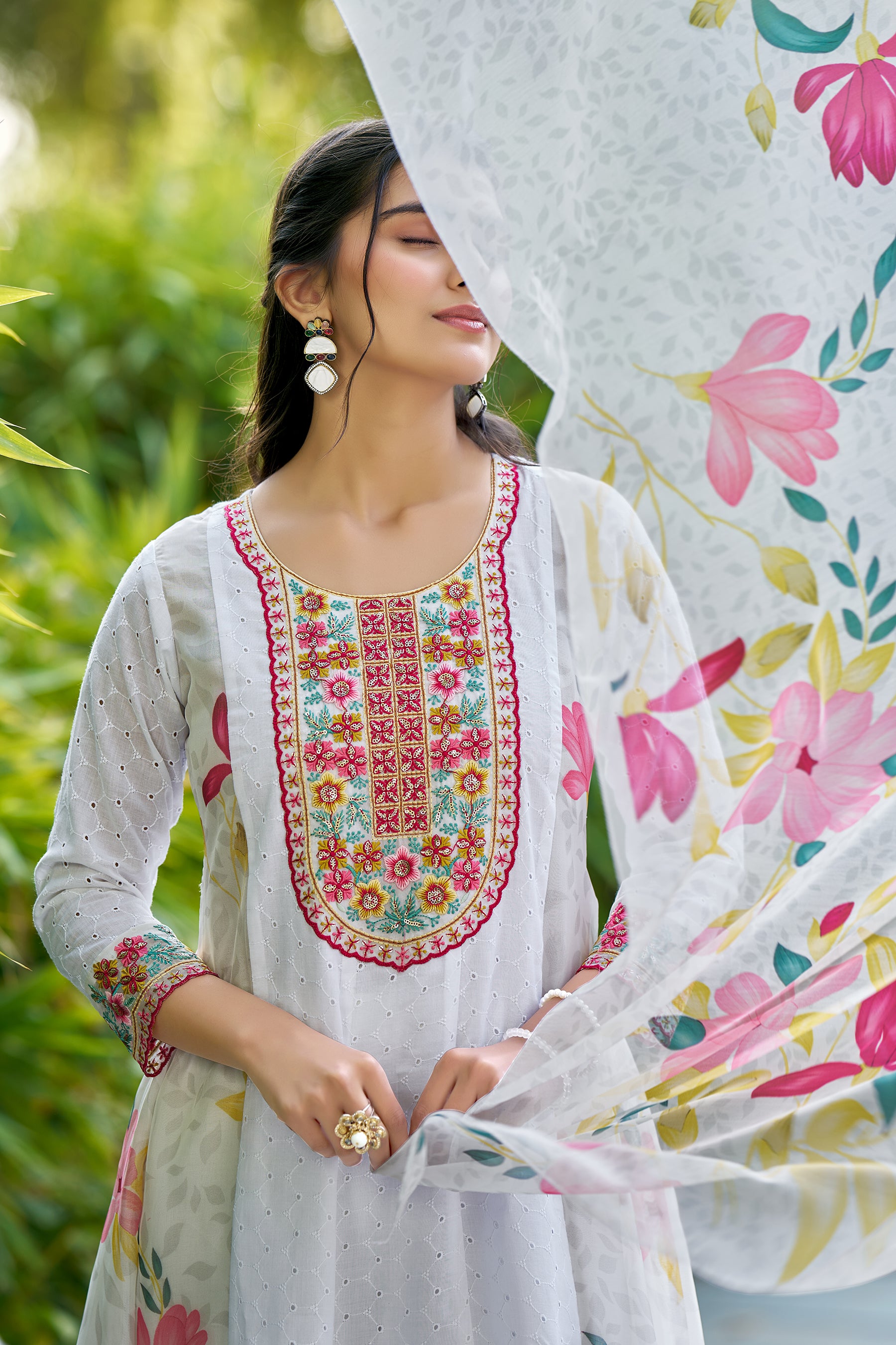 White Embroidered Poly Cotton printed Anarkali Kurta With Dupatta Set