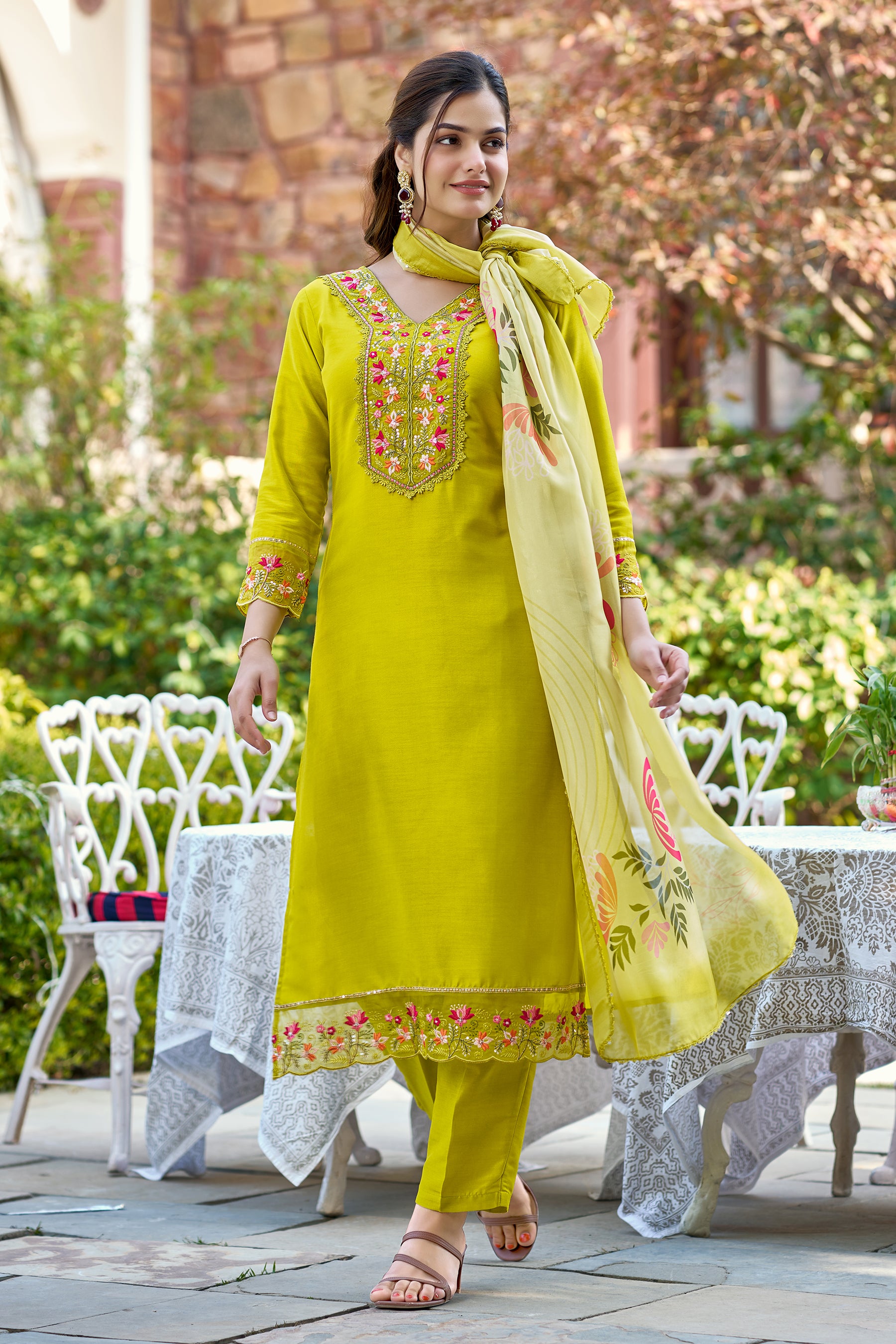 Neon Embroidered Chinon Solid Straight Kurta With Dupatta Set