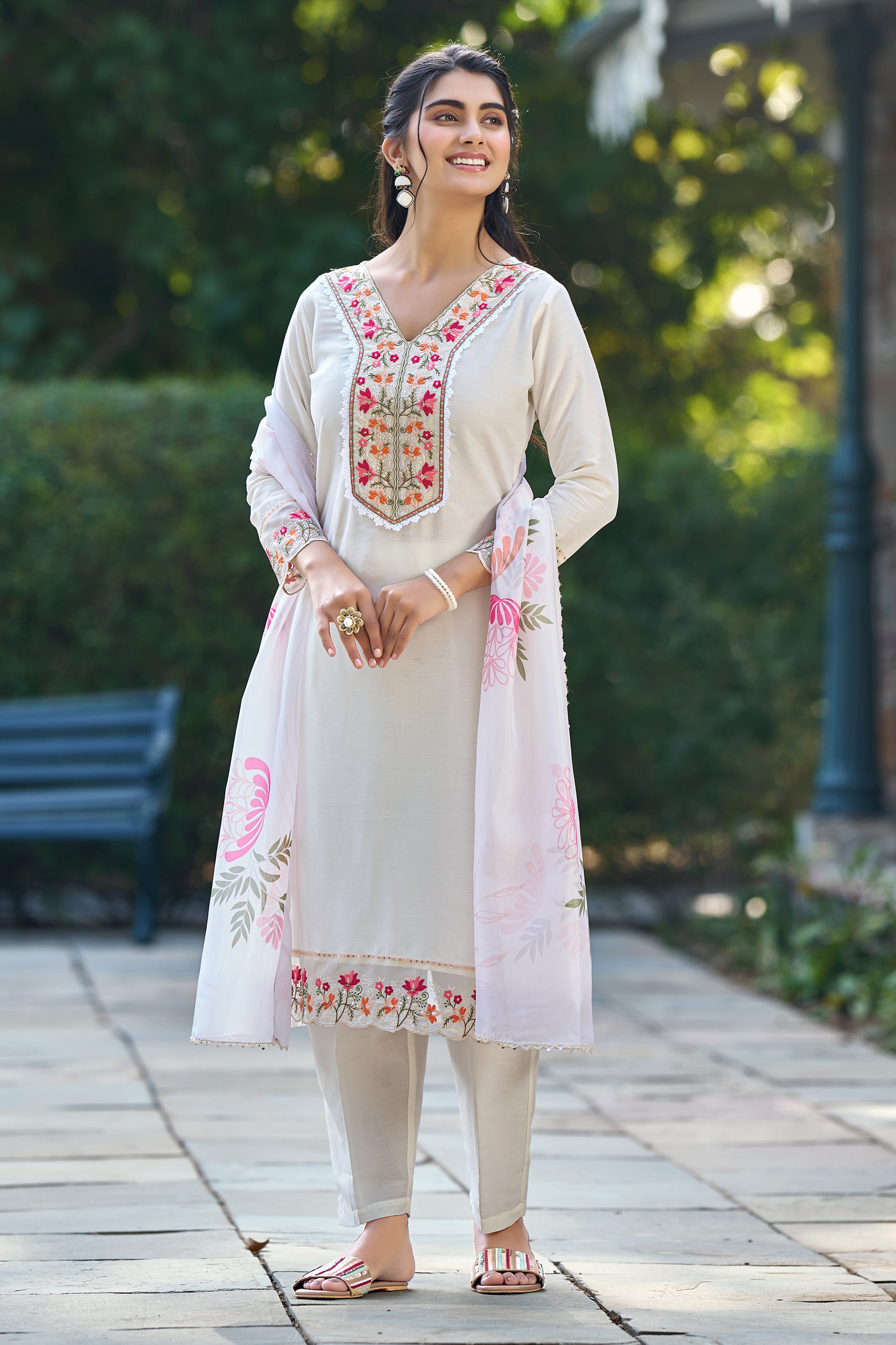 White Embroidered Chinon Solid Straight Kurta With Dupatta Set