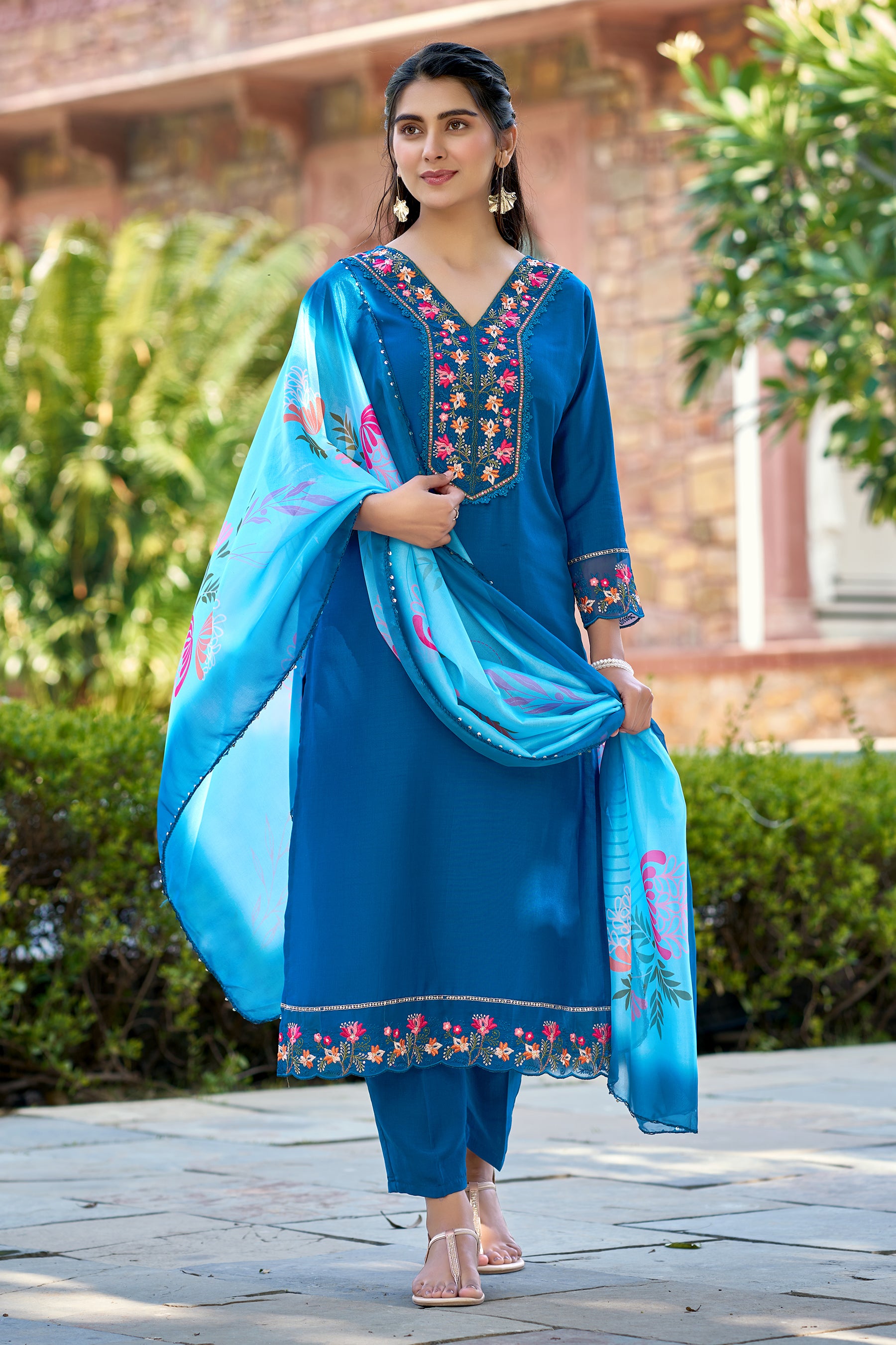 Teal Blue Embroidered Chinon Solid Straight Kurta With Dupatta Set