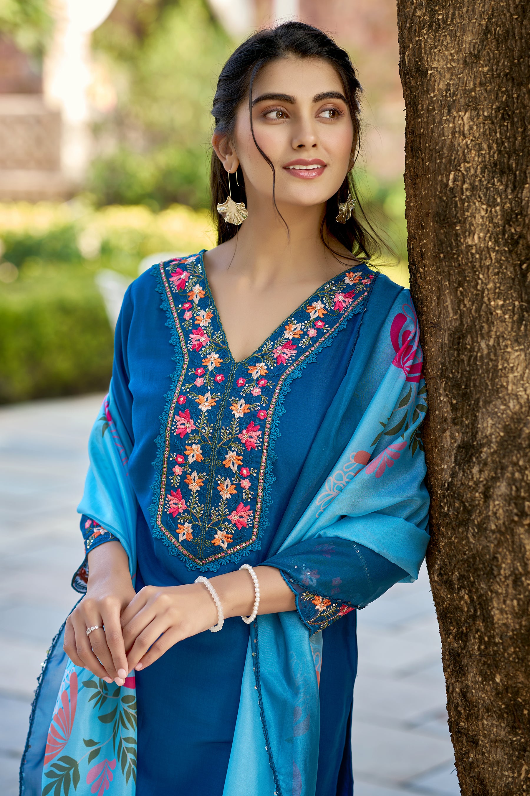 Teal Blue Embroidered Chinon Solid Straight Kurta With Dupatta Set