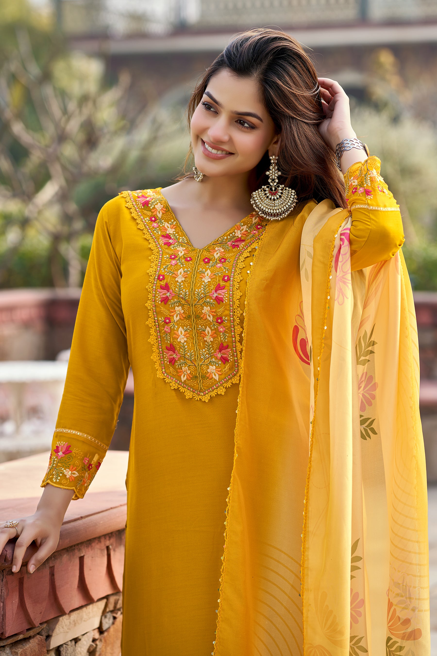 Mustard Embroidered Chinon Solid Straight Kurta With Dupatta Set