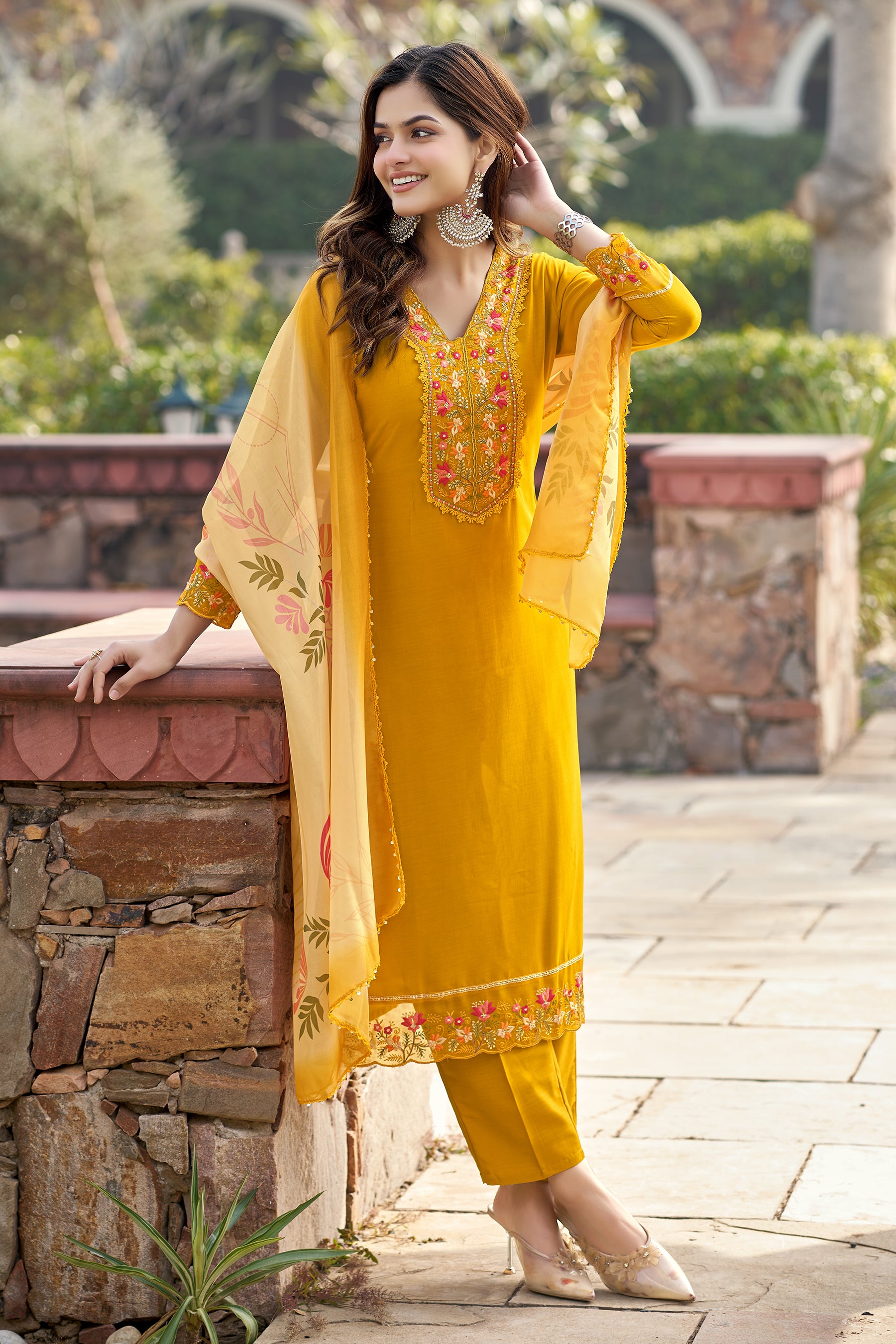 Mustard Embroidered Chinon Solid Straight Kurta With Dupatta Set