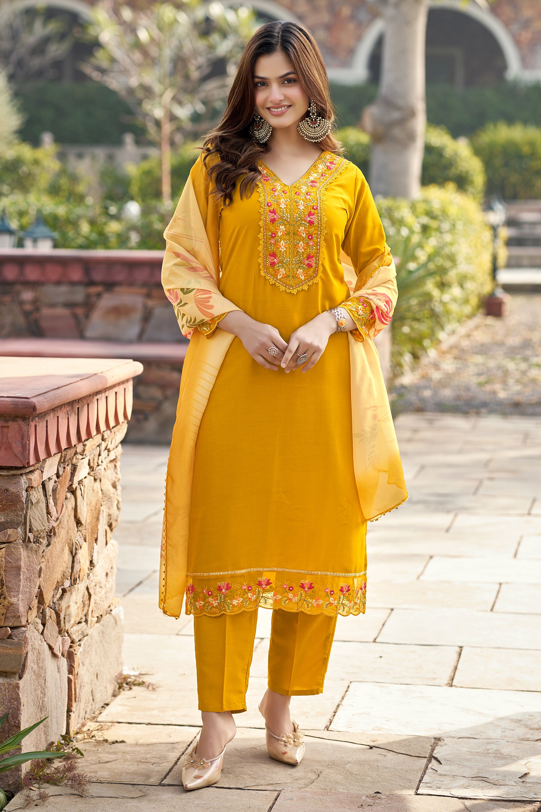 Mustard Embroidered Chinon Solid Straight Kurta With Dupatta Set