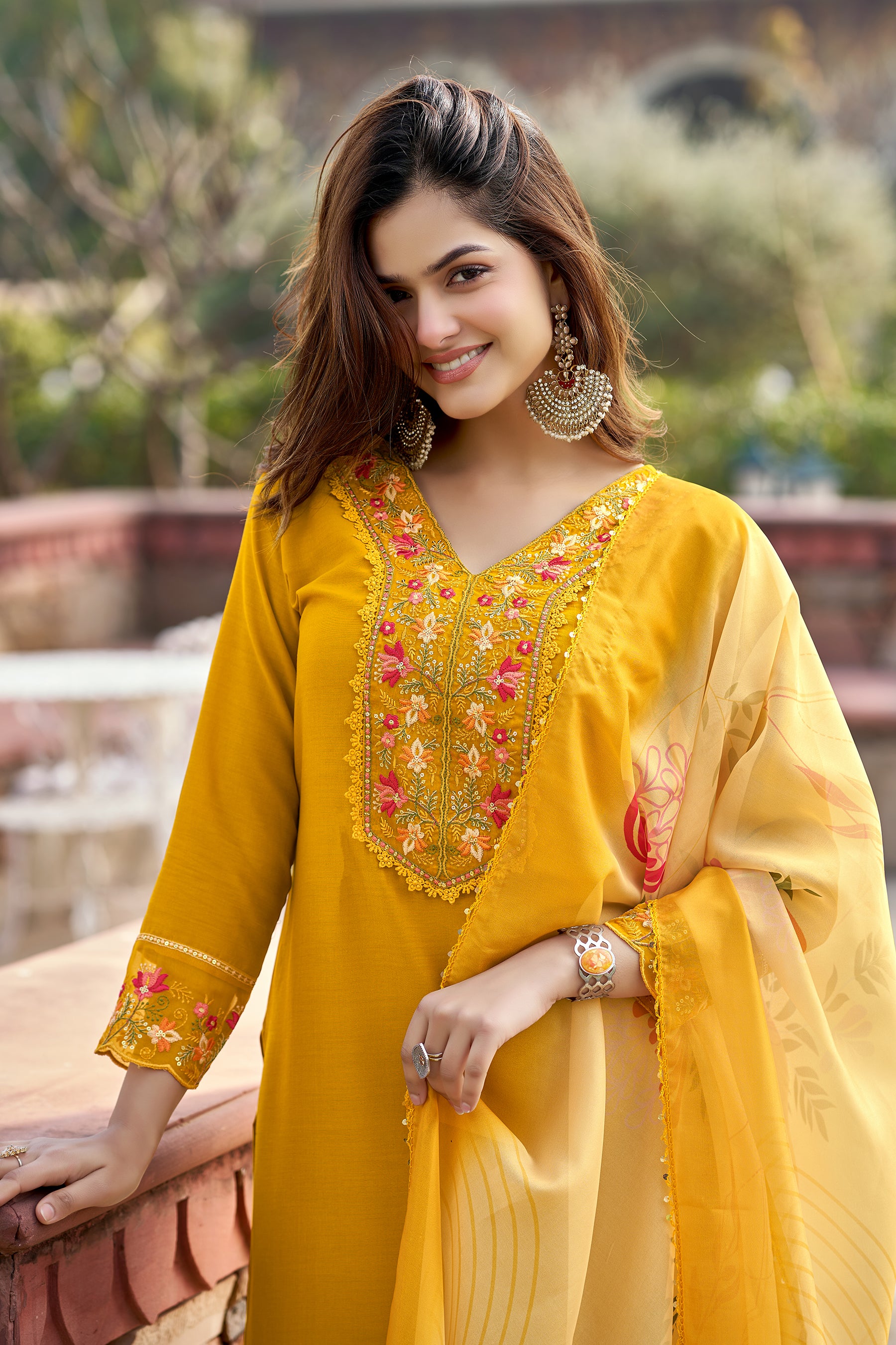 Mustard Embroidered Chinon Solid Straight Kurta With Dupatta Set
