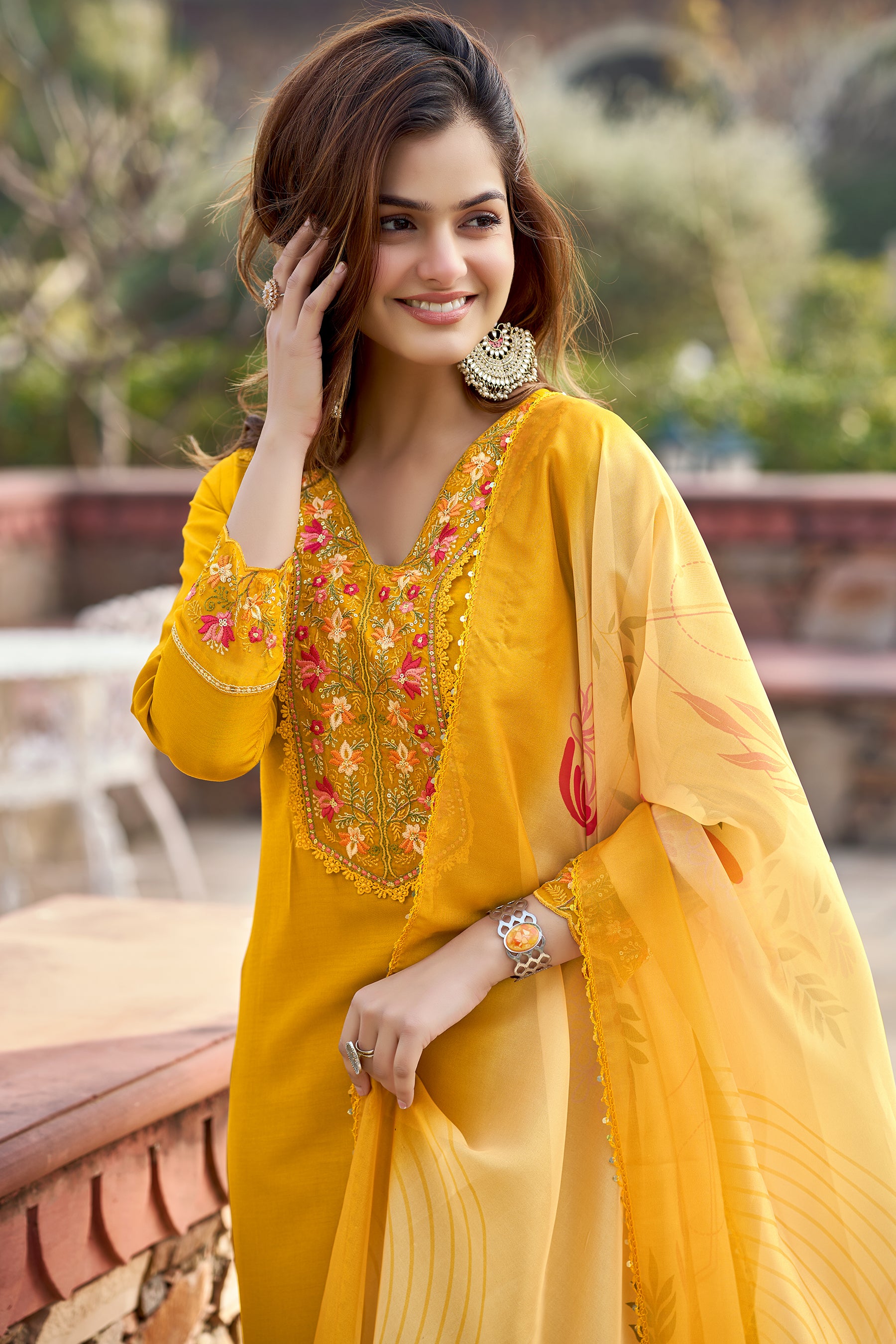 Mustard Embroidered Chinon Solid Straight Kurta With Dupatta Set