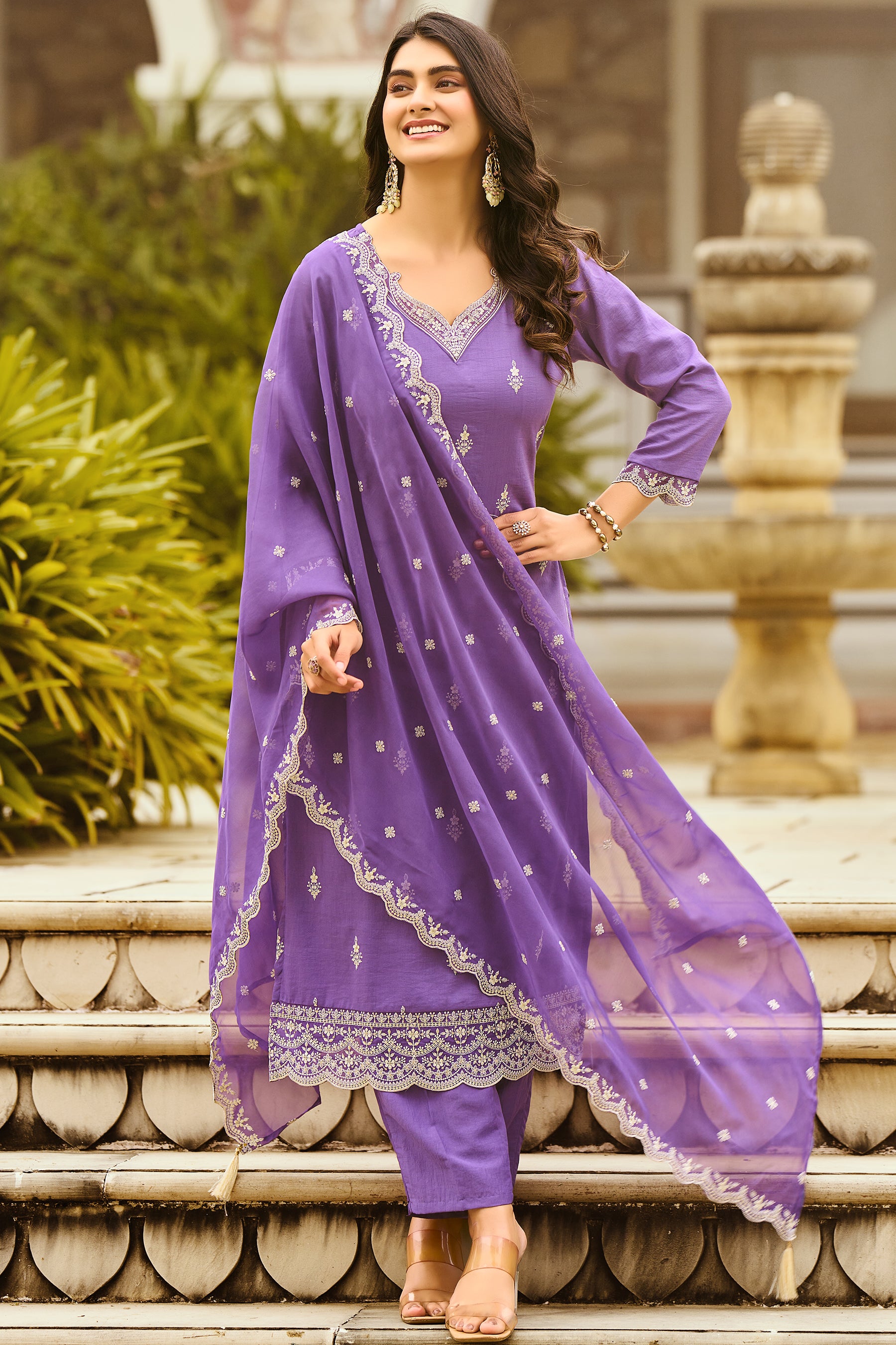 Lavender Embroidered Chinon Straight Kurta with Dupatta Set