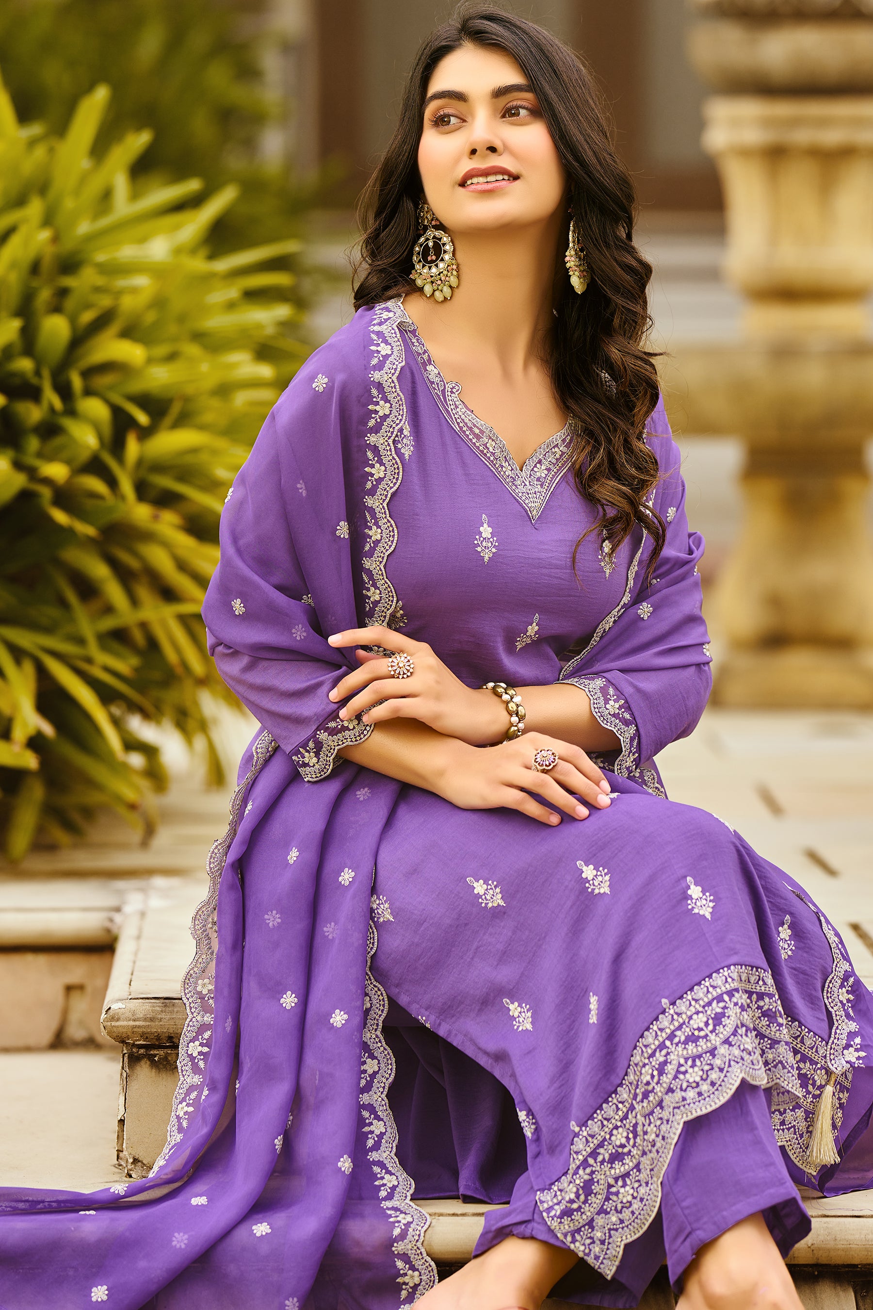 Lavender Embroidered Chinon Straight Kurta with Dupatta Set