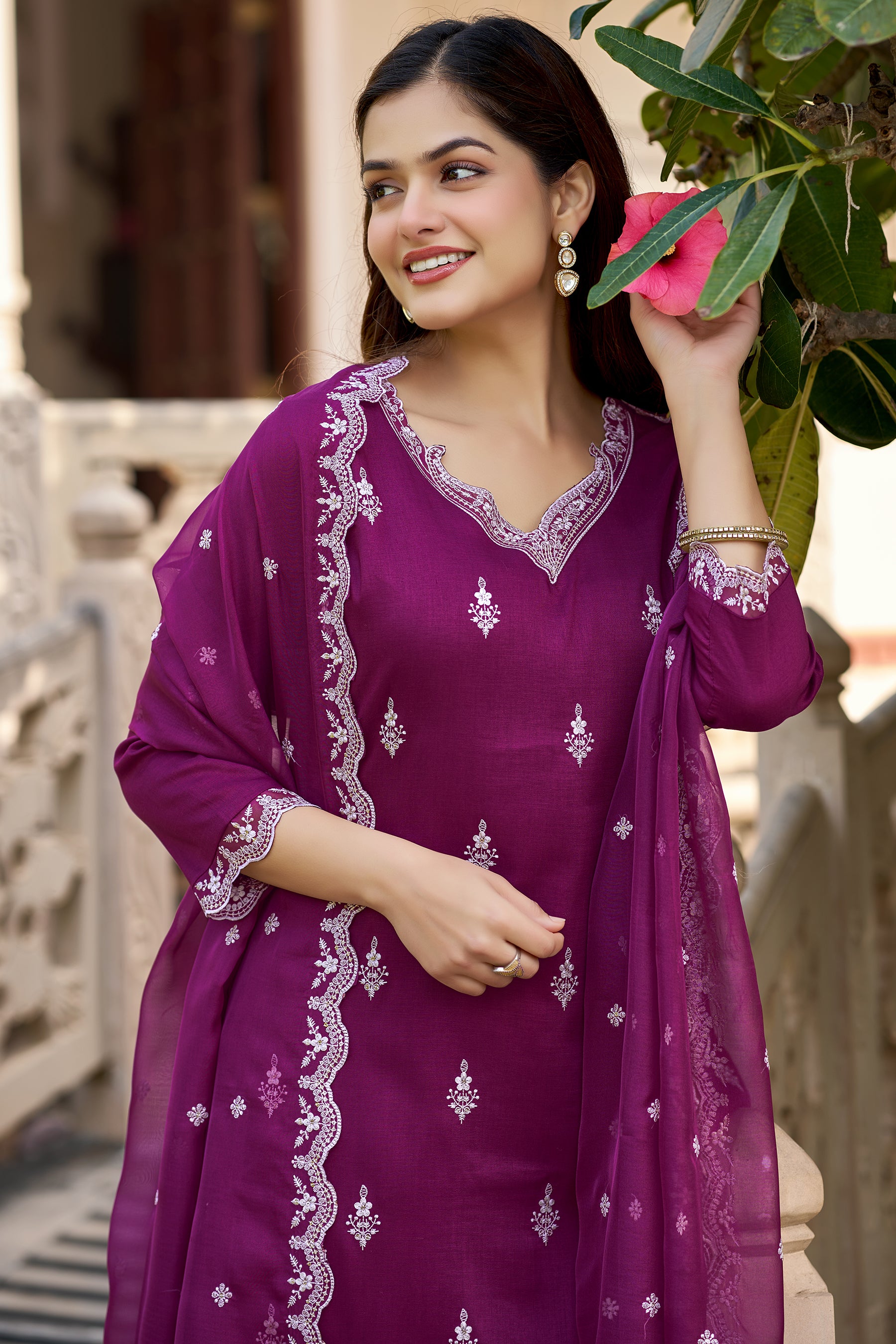 Maroon Embroidered Chinon Straight Kurta with Dupatta Set