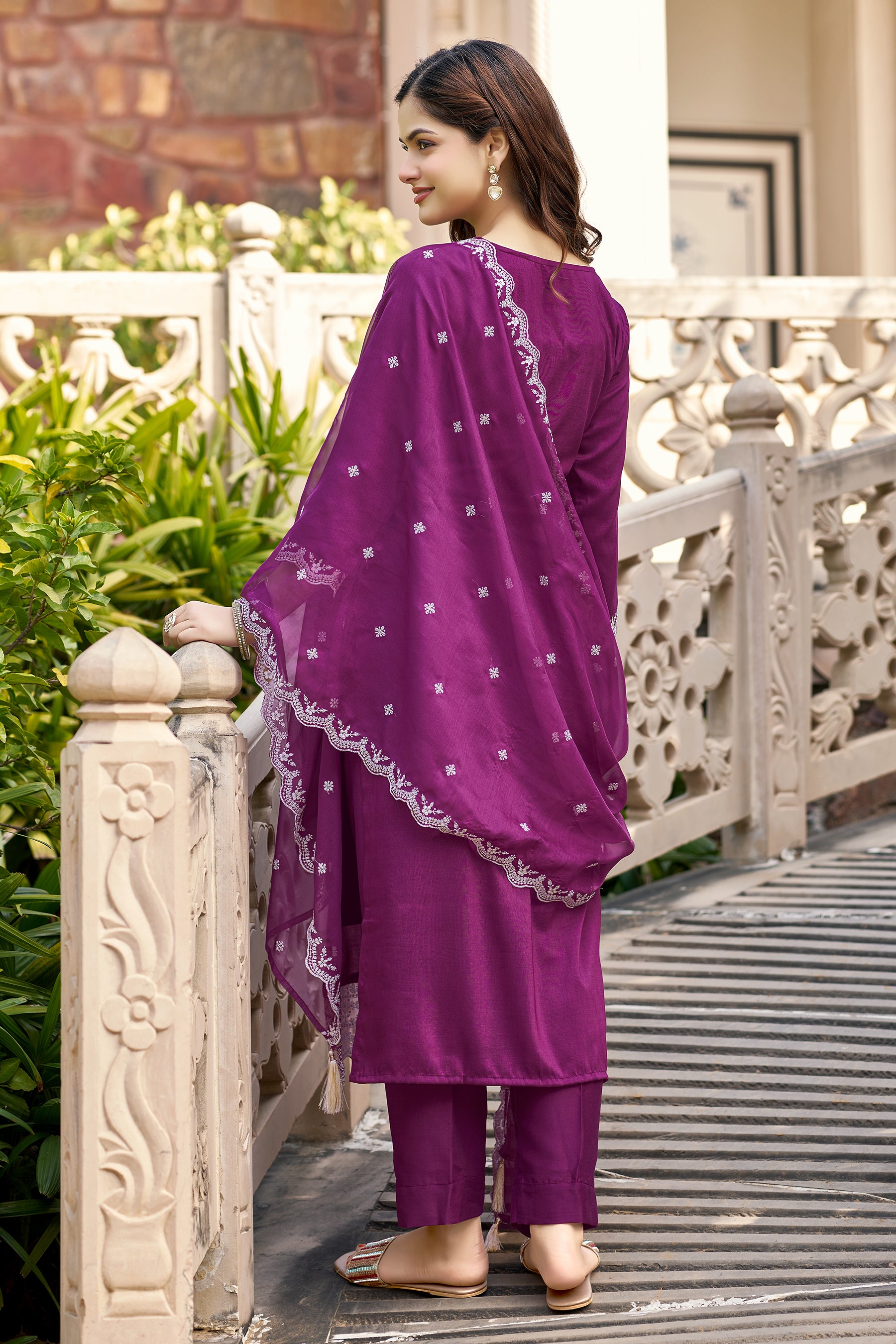 Maroon Embroidered Chinon Straight Kurta with Dupatta Set