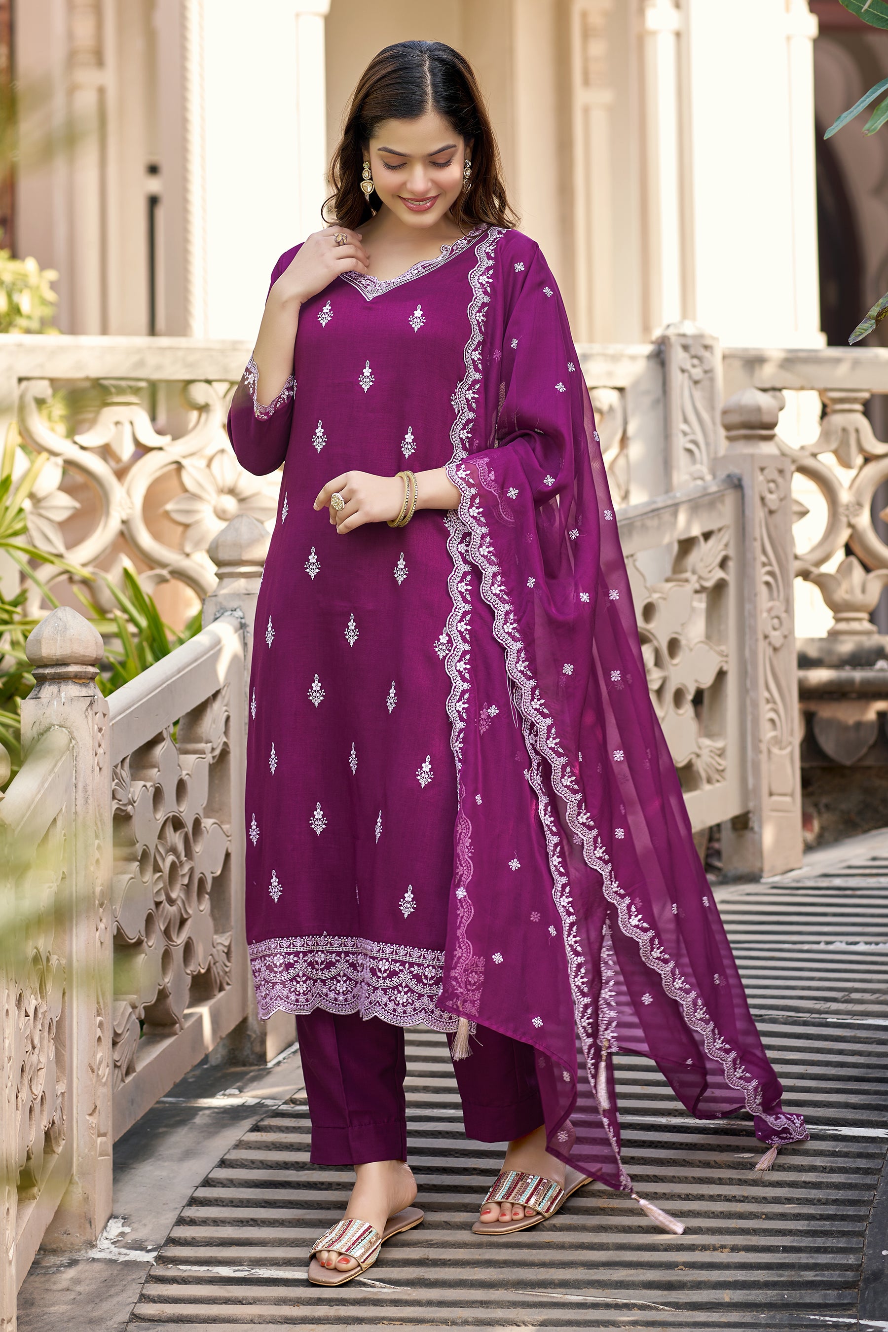 Maroon Embroidered Chinon Straight Kurta with Dupatta Set