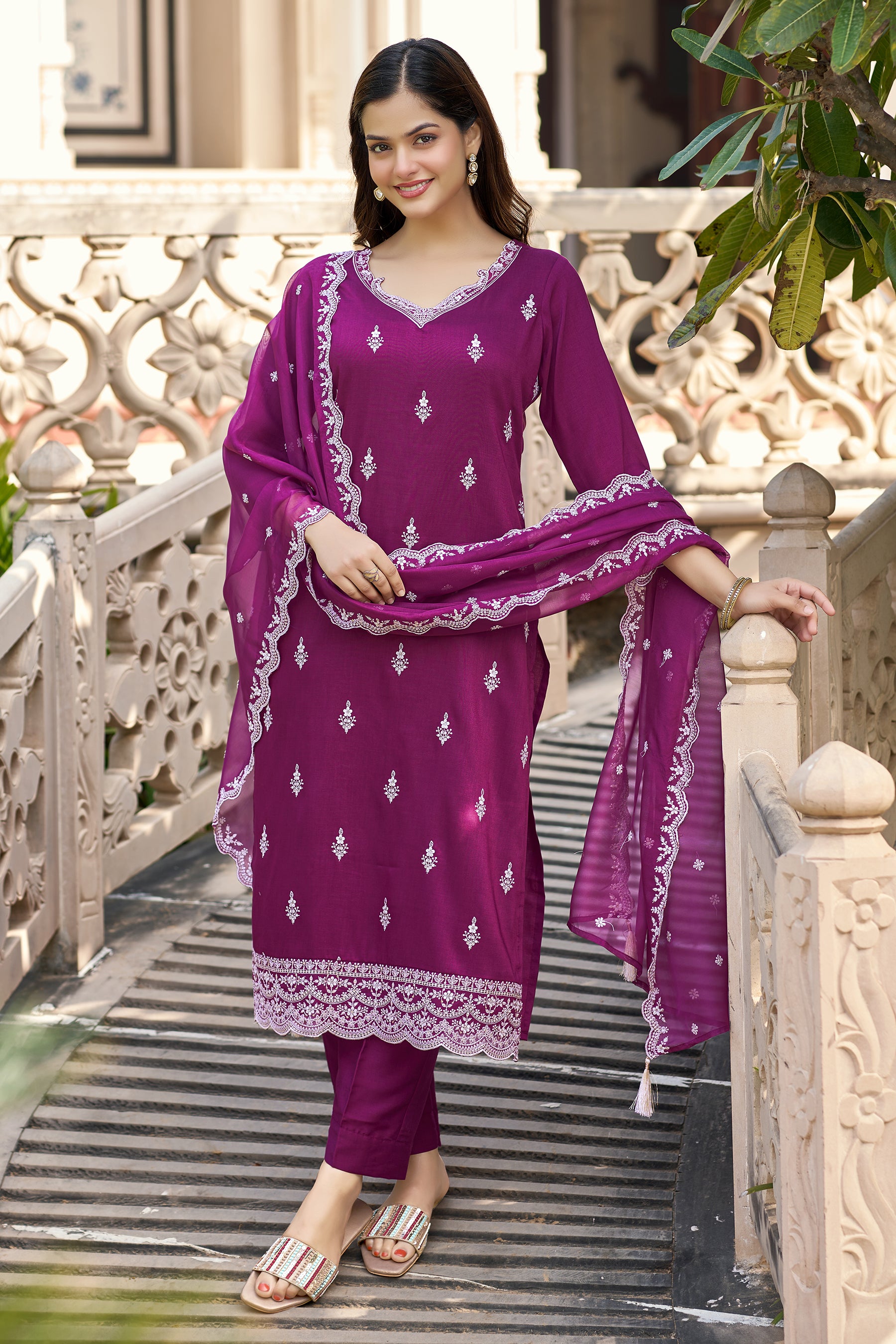 Maroon Embroidered Chinon Straight Kurta with Dupatta Set