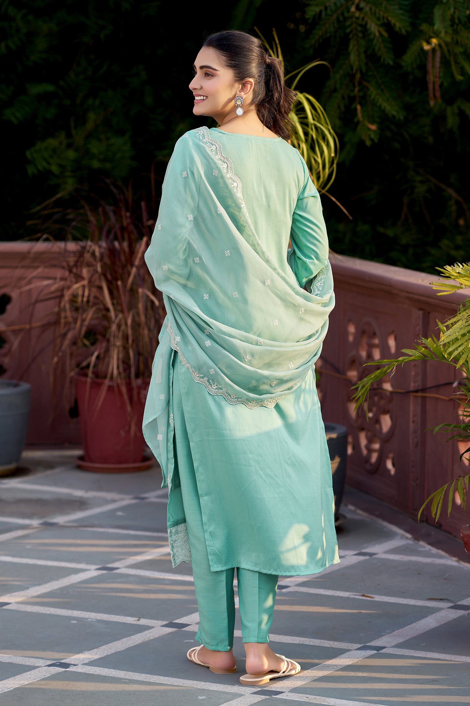 Mint Embroidered Chinon Straight Kurta with Dupatta Set