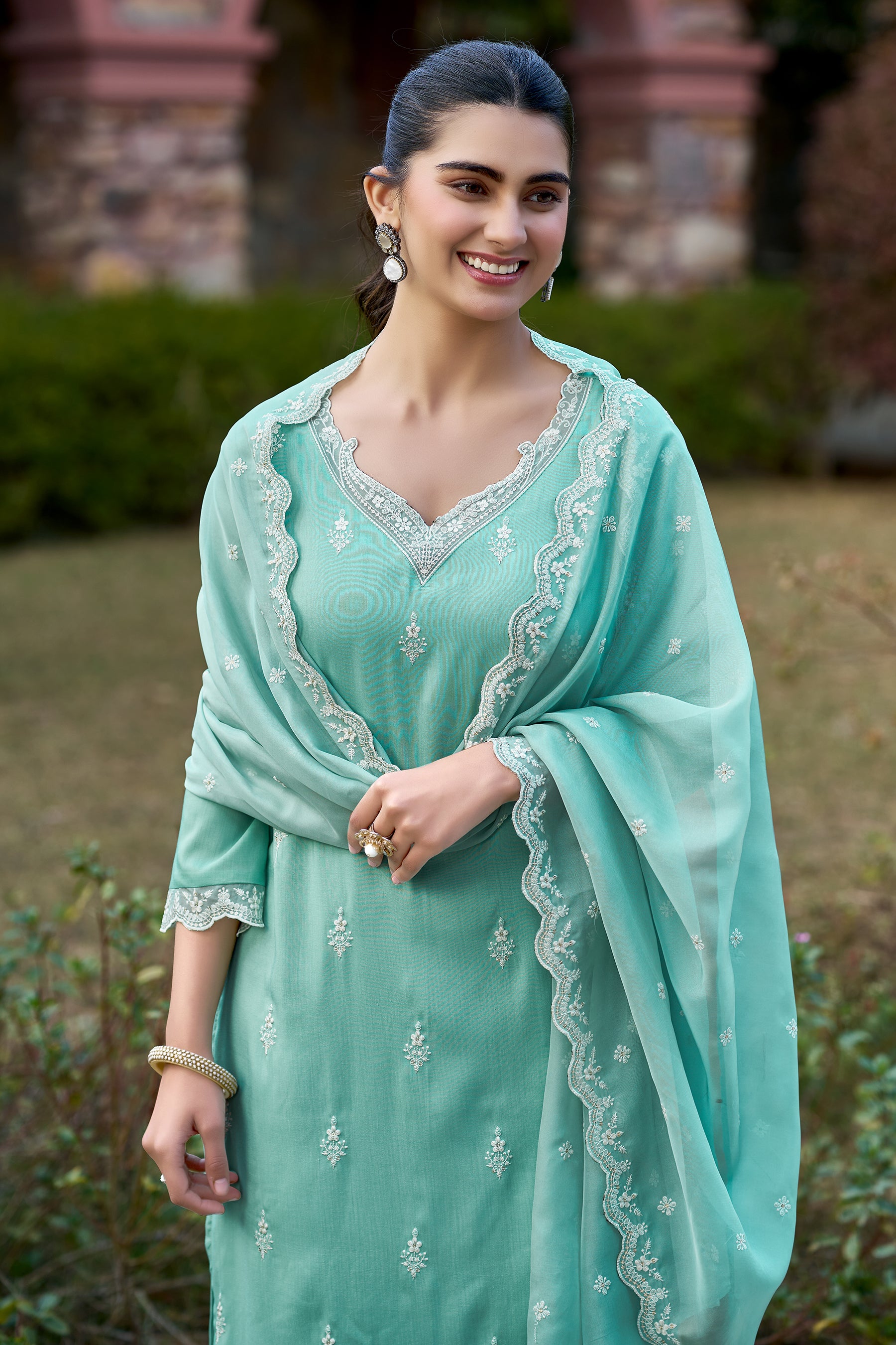 Mint Embroidered Chinon Straight Kurta with Dupatta Set