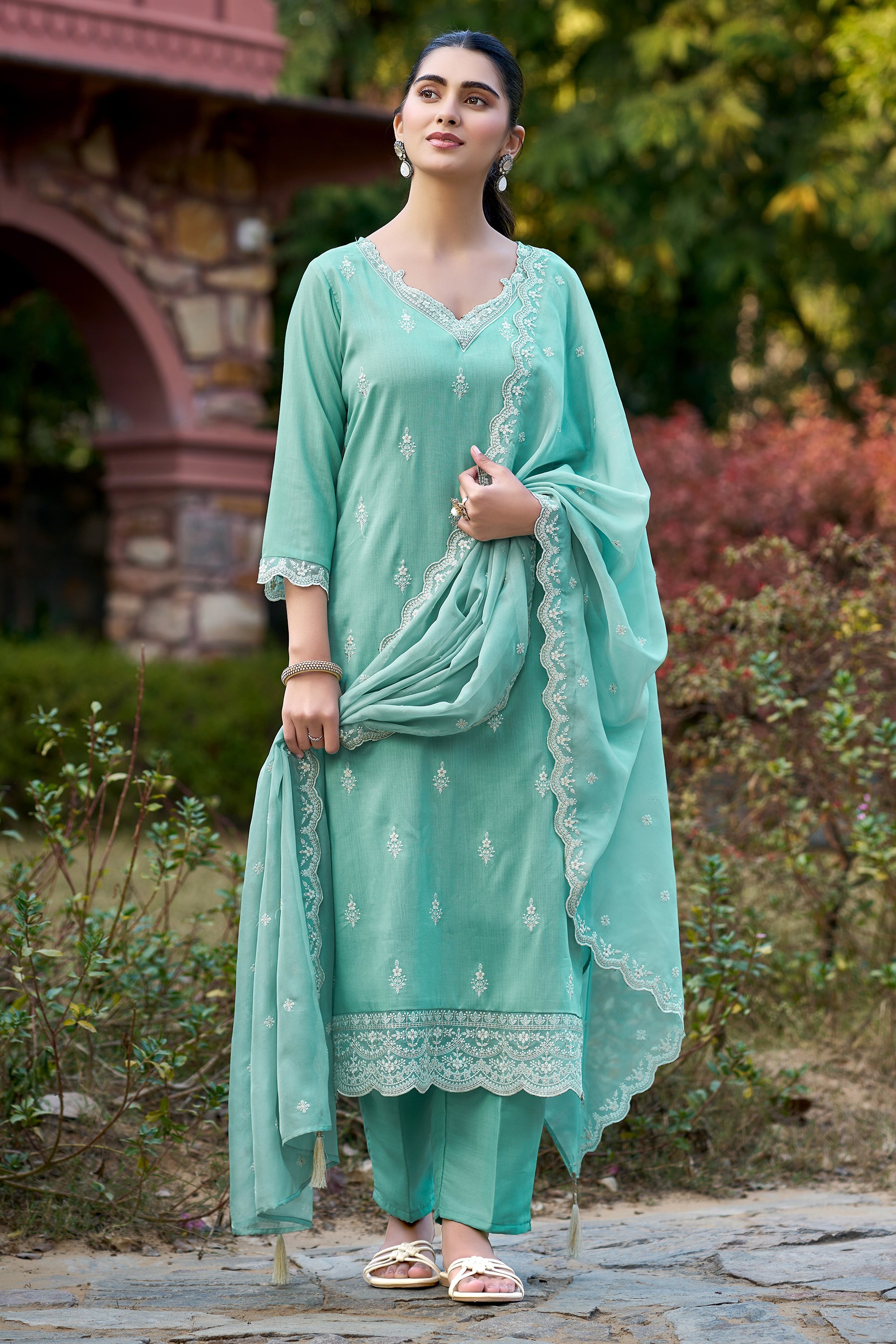 Mint Embroidered Chinon Straight Kurta with Dupatta Set