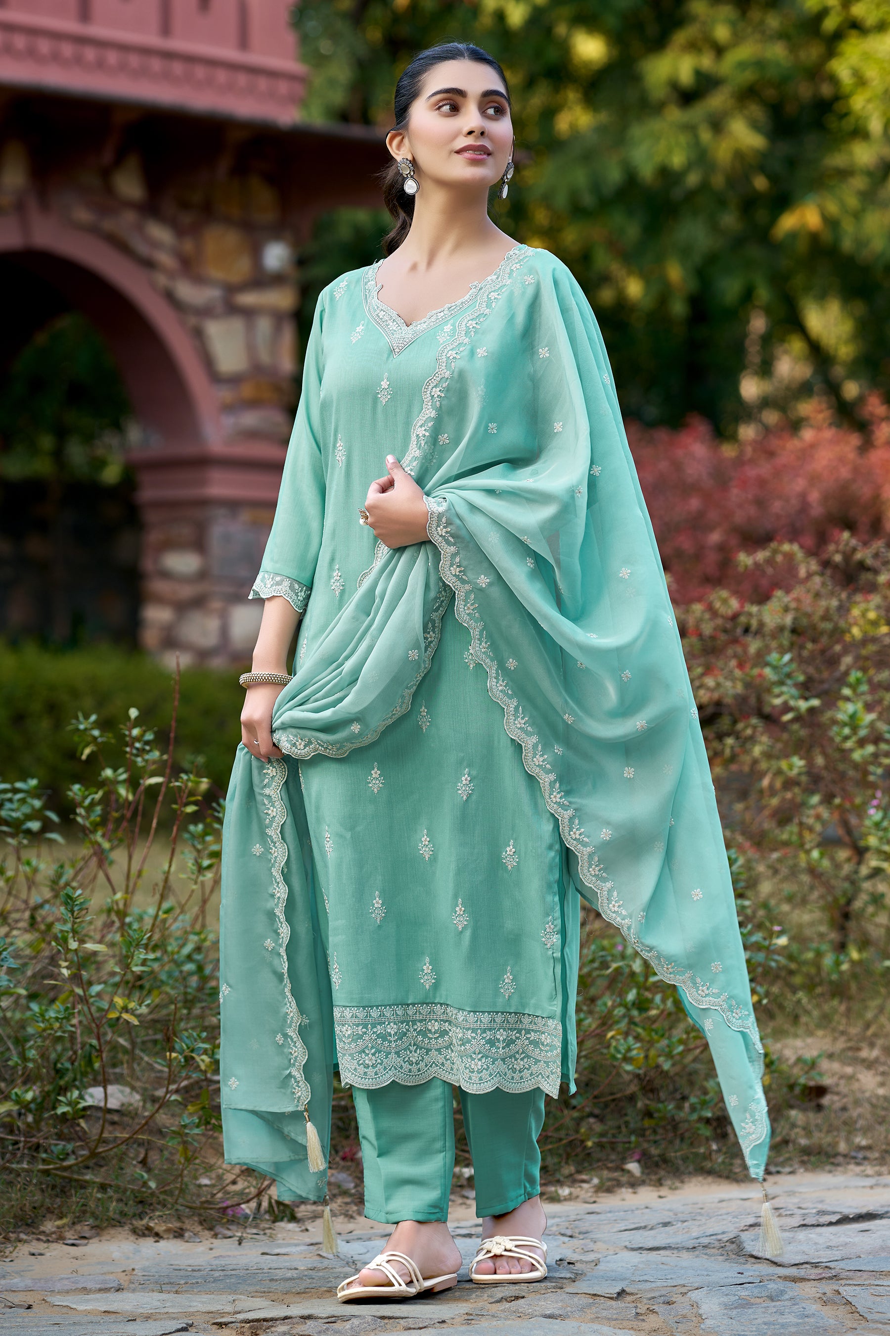 Mint Embroidered Chinon Straight Kurta with Dupatta Set