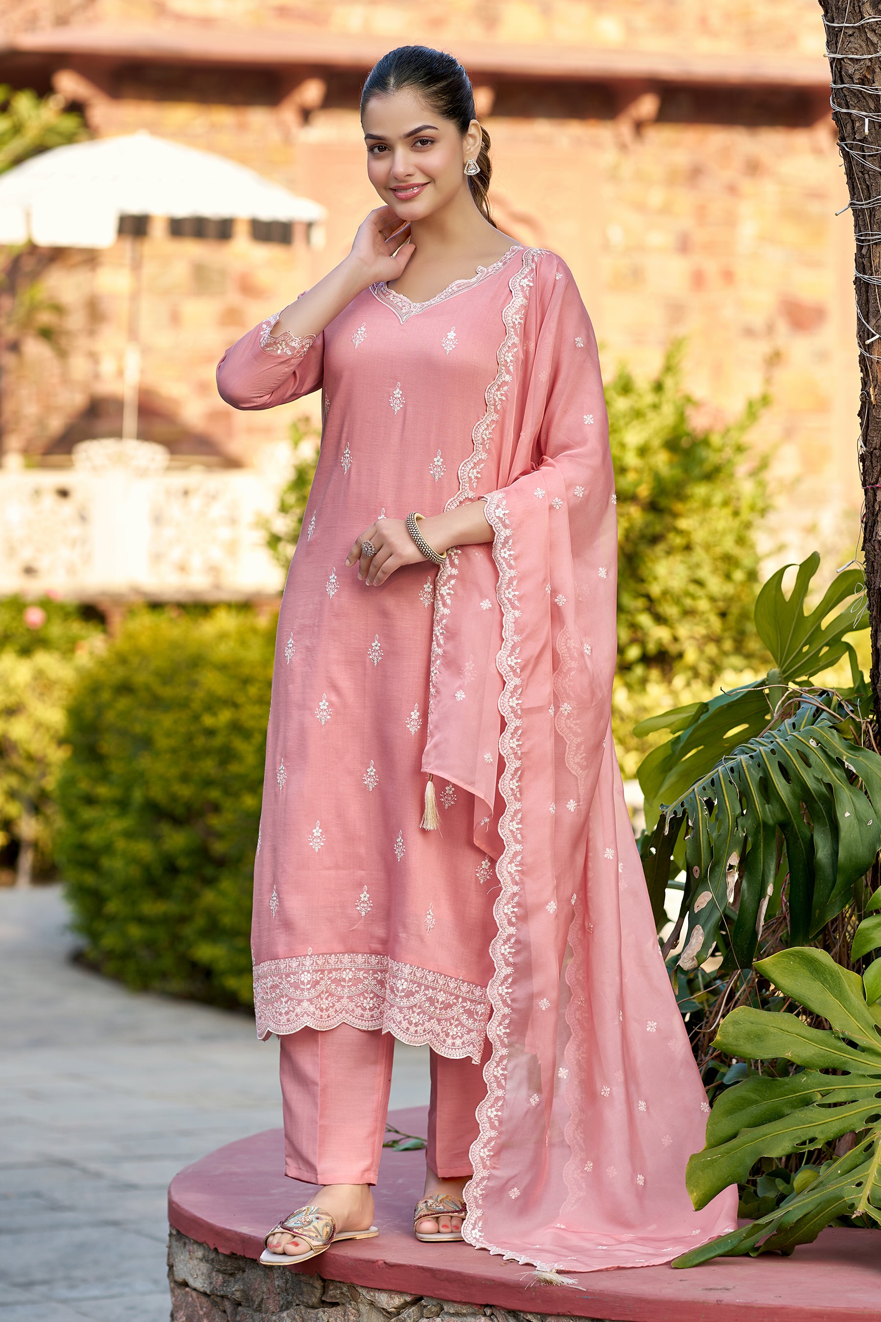 Peach Embroidered Chinon Straight Kurta with Dupatta Set