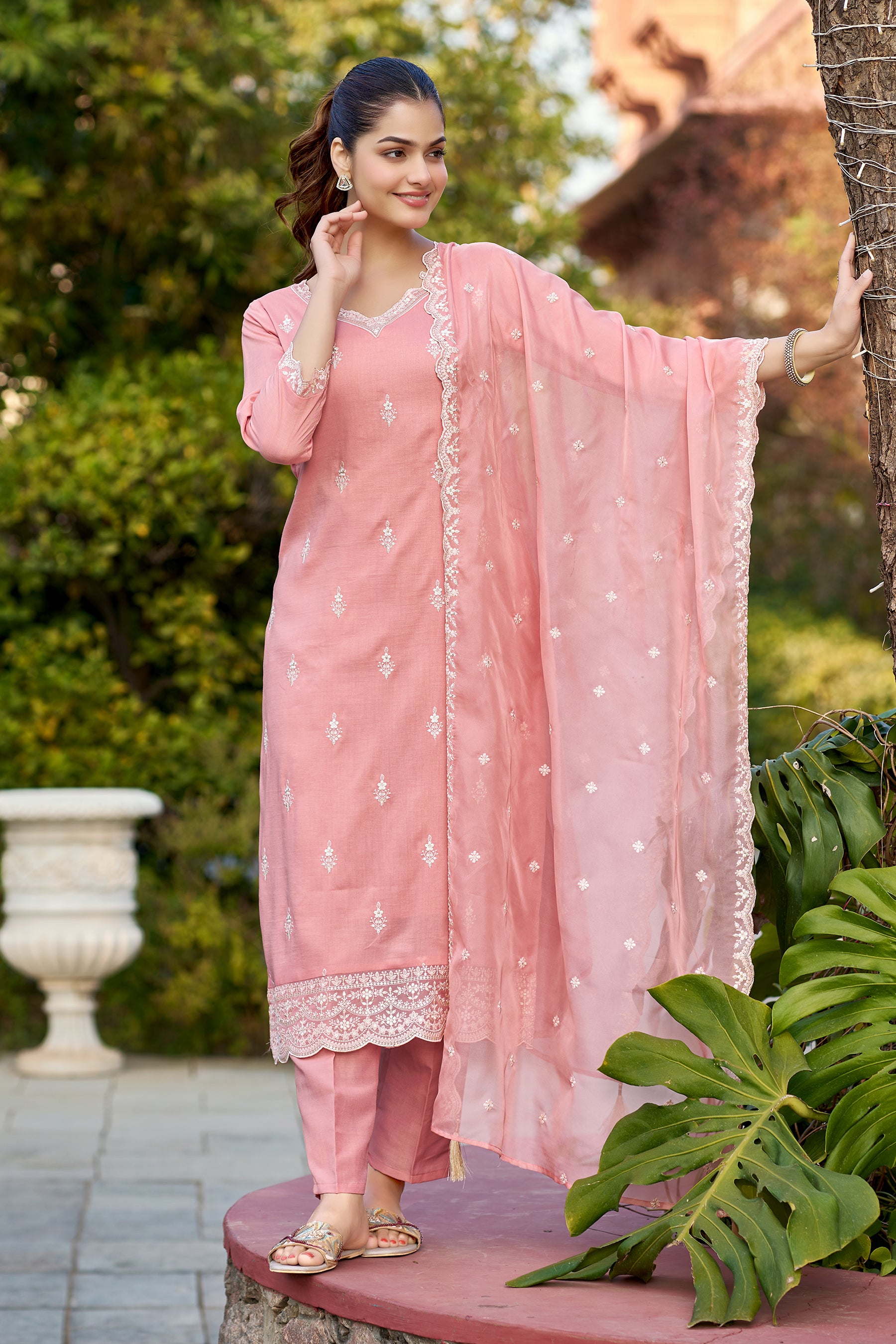 Peach Embroidered Chinon Straight Kurta with Dupatta Set