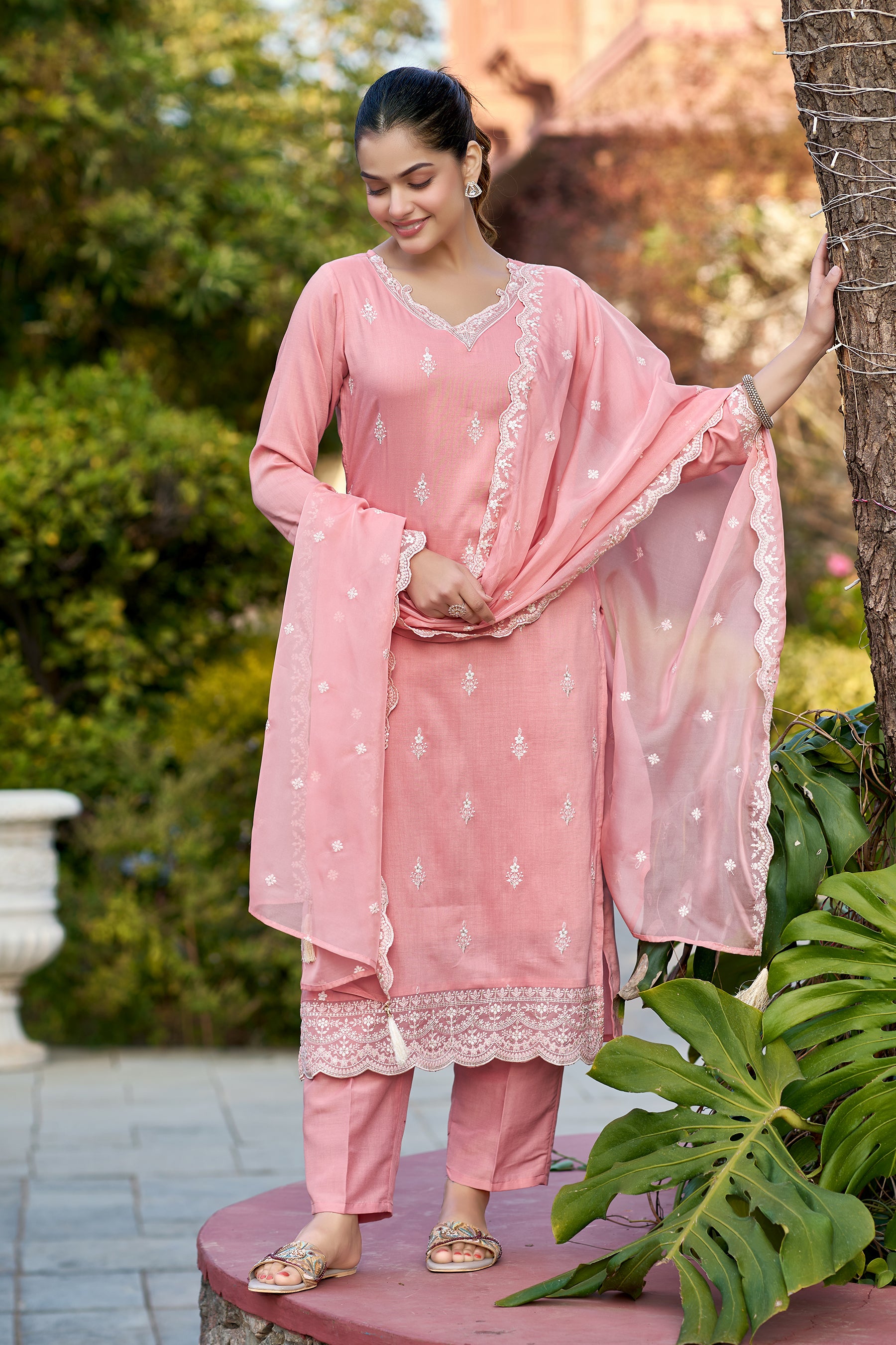 Peach Embroidered Chinon Straight Kurta with Dupatta Set