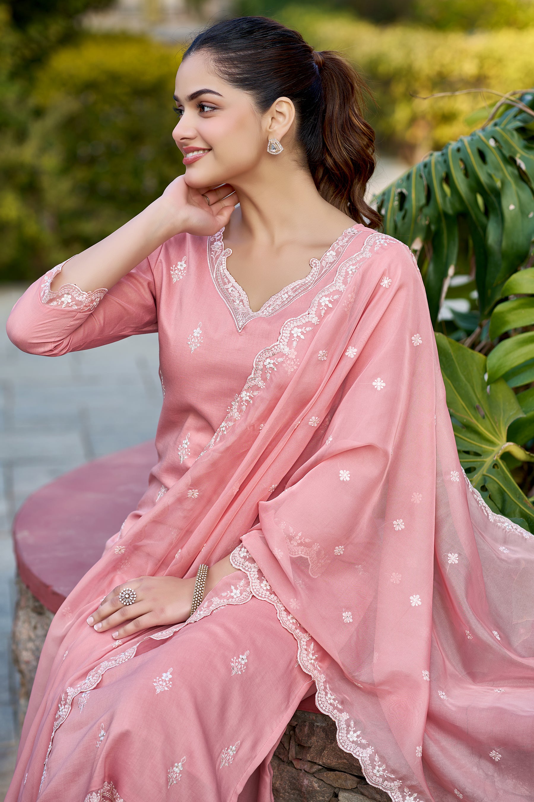 Peach Embroidered Chinon Straight Kurta with Dupatta Set
