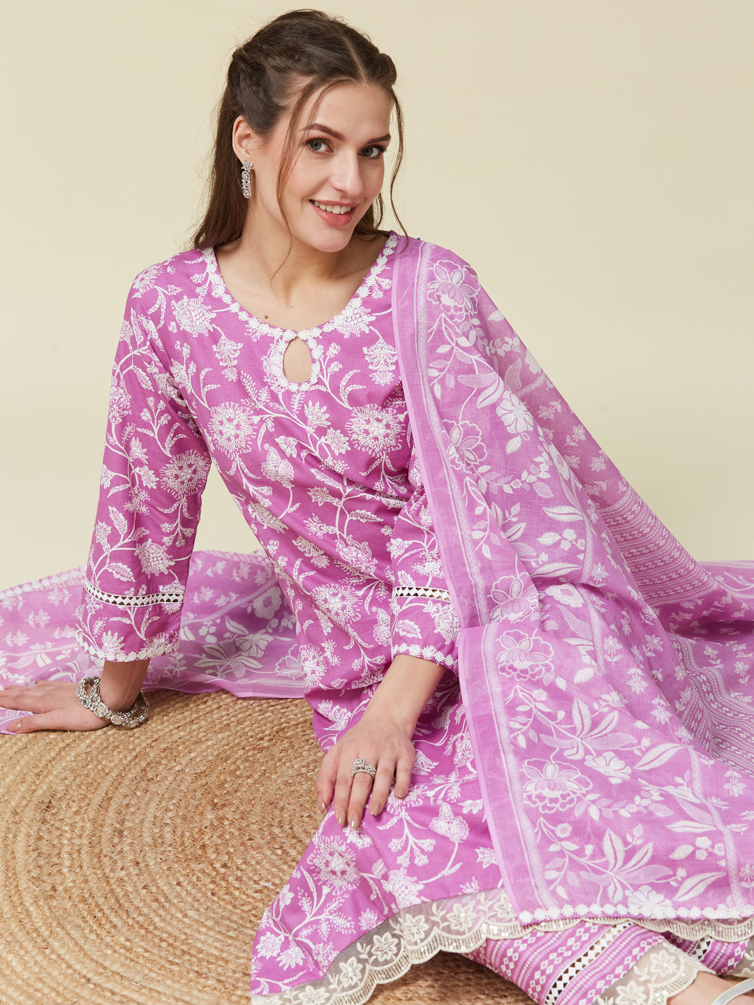 Purple Floral Print Embroidered Cotton Kurta & Dupatta Set