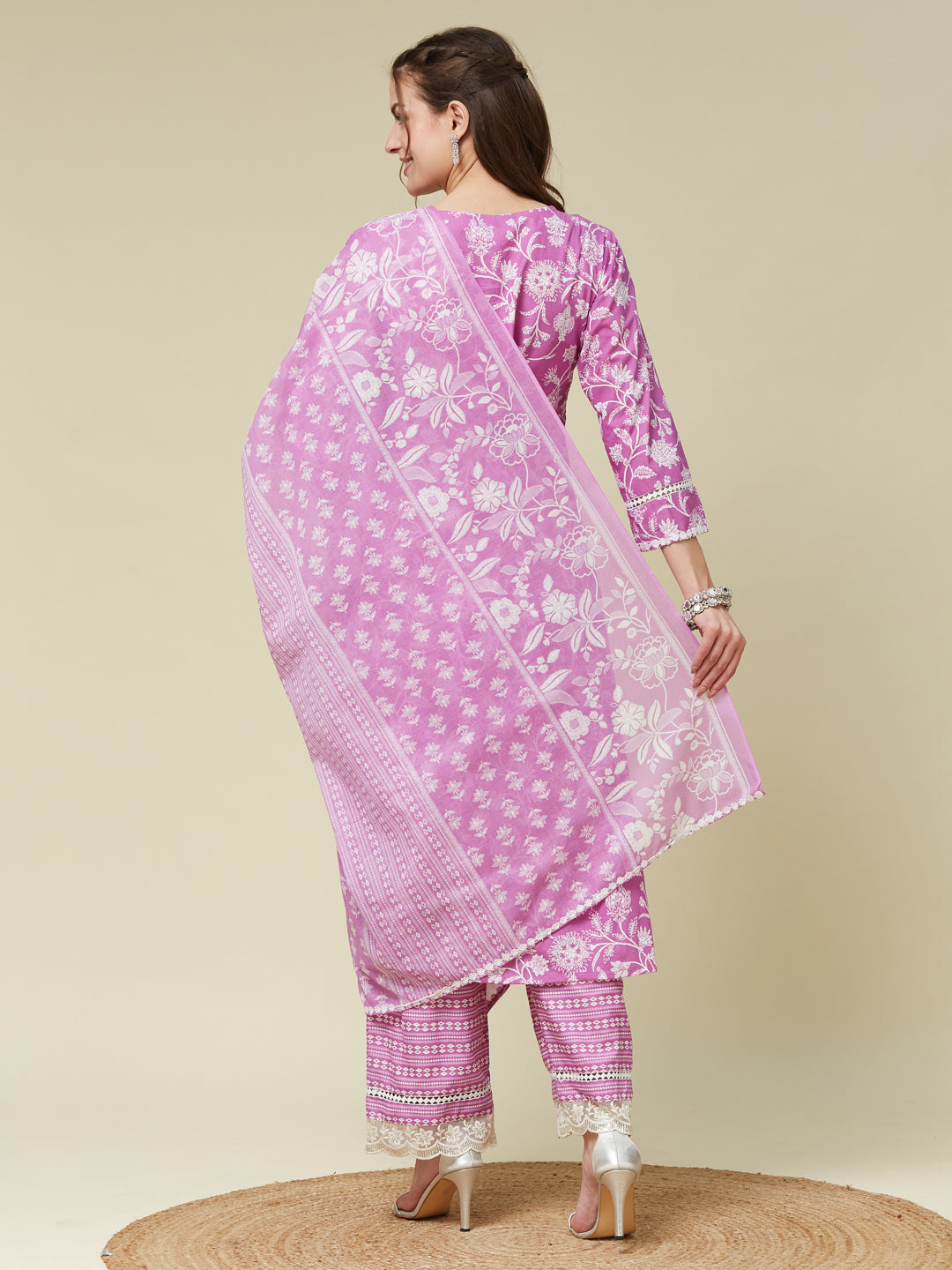Purple Floral Print Embroidered Cotton Kurta & Dupatta Set