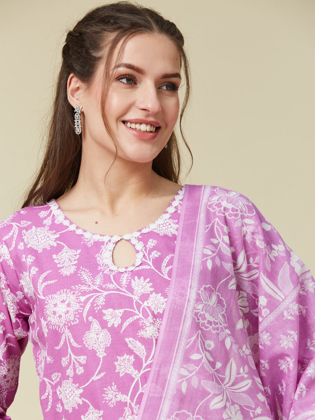 Purple Floral Print Embroidered Cotton Kurta & Dupatta Set