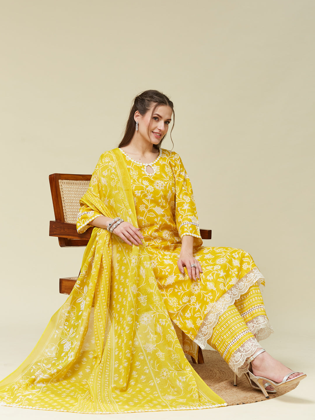 Yellow Floral Print Embroidered Cotton Kurta & Dupatta Set