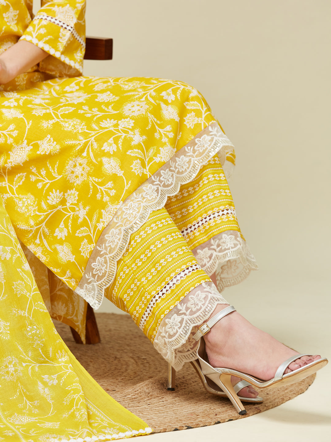 Yellow Floral Print Embroidered Cotton Kurta & Dupatta Set