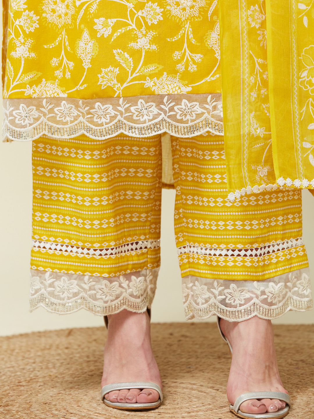 Yellow Floral Print Embroidered Cotton Kurta & Dupatta Set