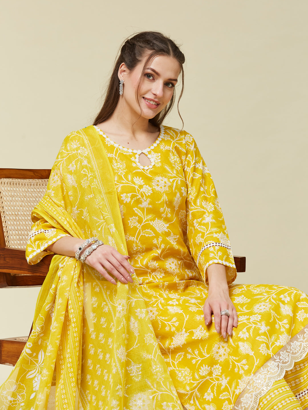 Yellow Floral Print Embroidered Cotton Kurta & Dupatta Set