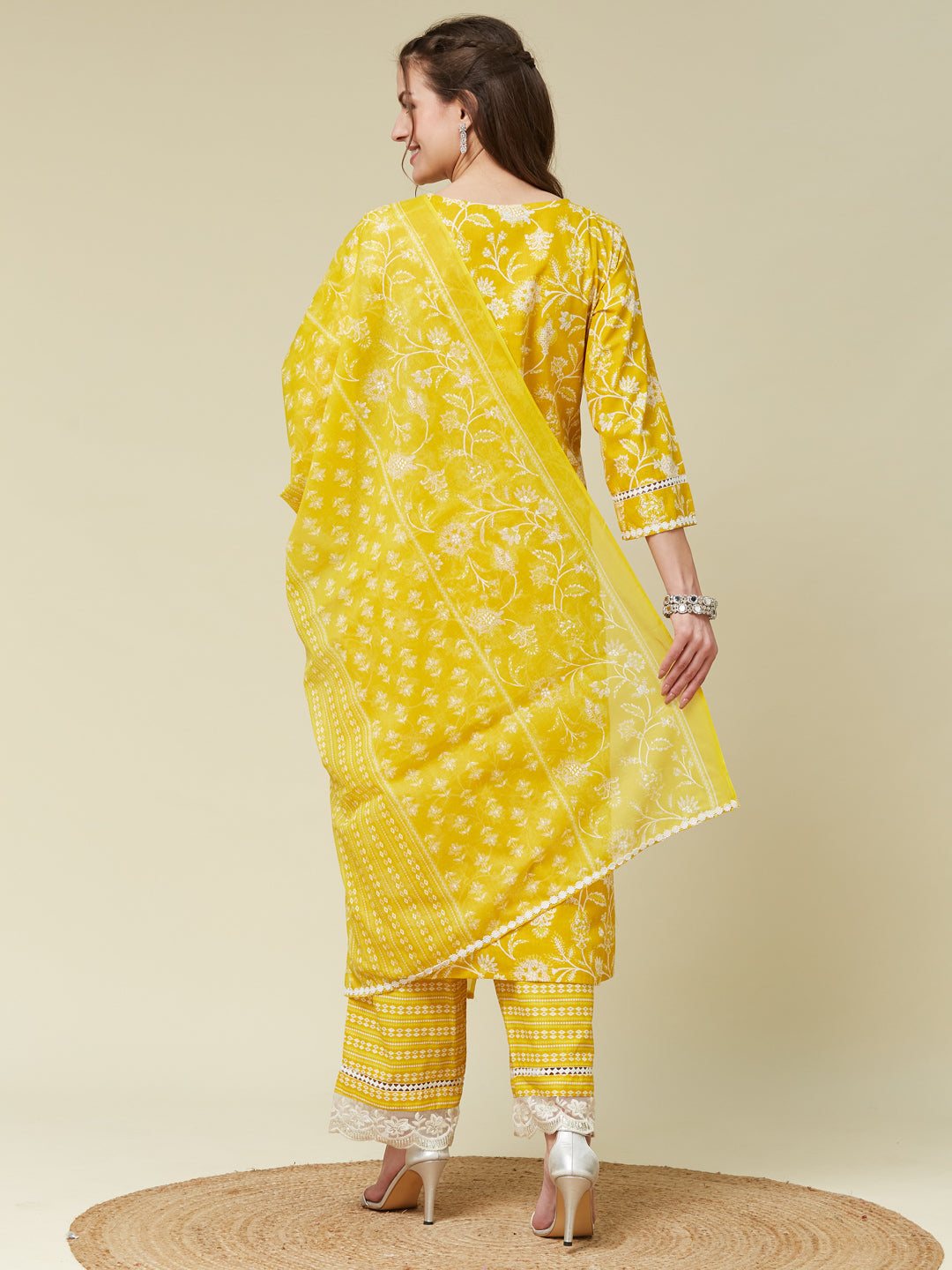 Yellow Floral Print Embroidered Cotton Kurta & Dupatta Set