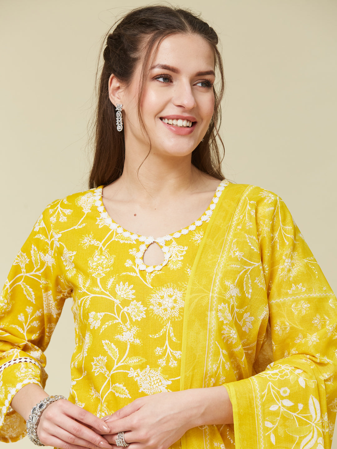 Yellow Floral Print Embroidered Cotton Kurta & Dupatta Set