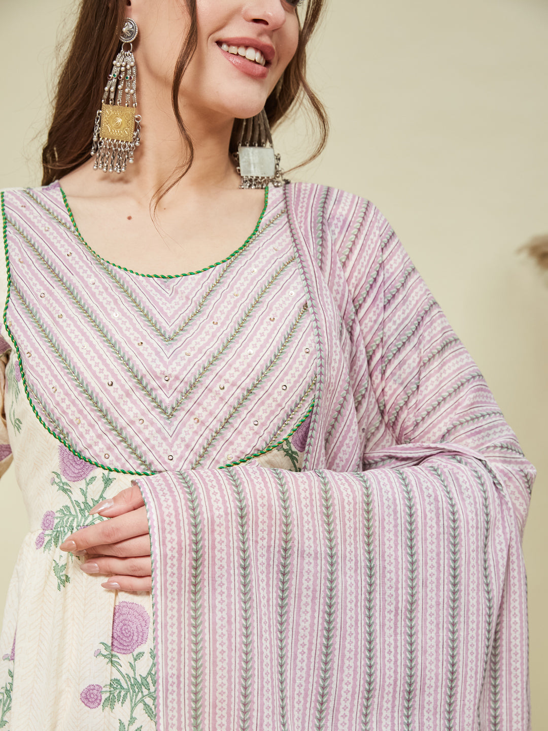 Purple Handwork Cotton printed Anarkali With Dupatta Set