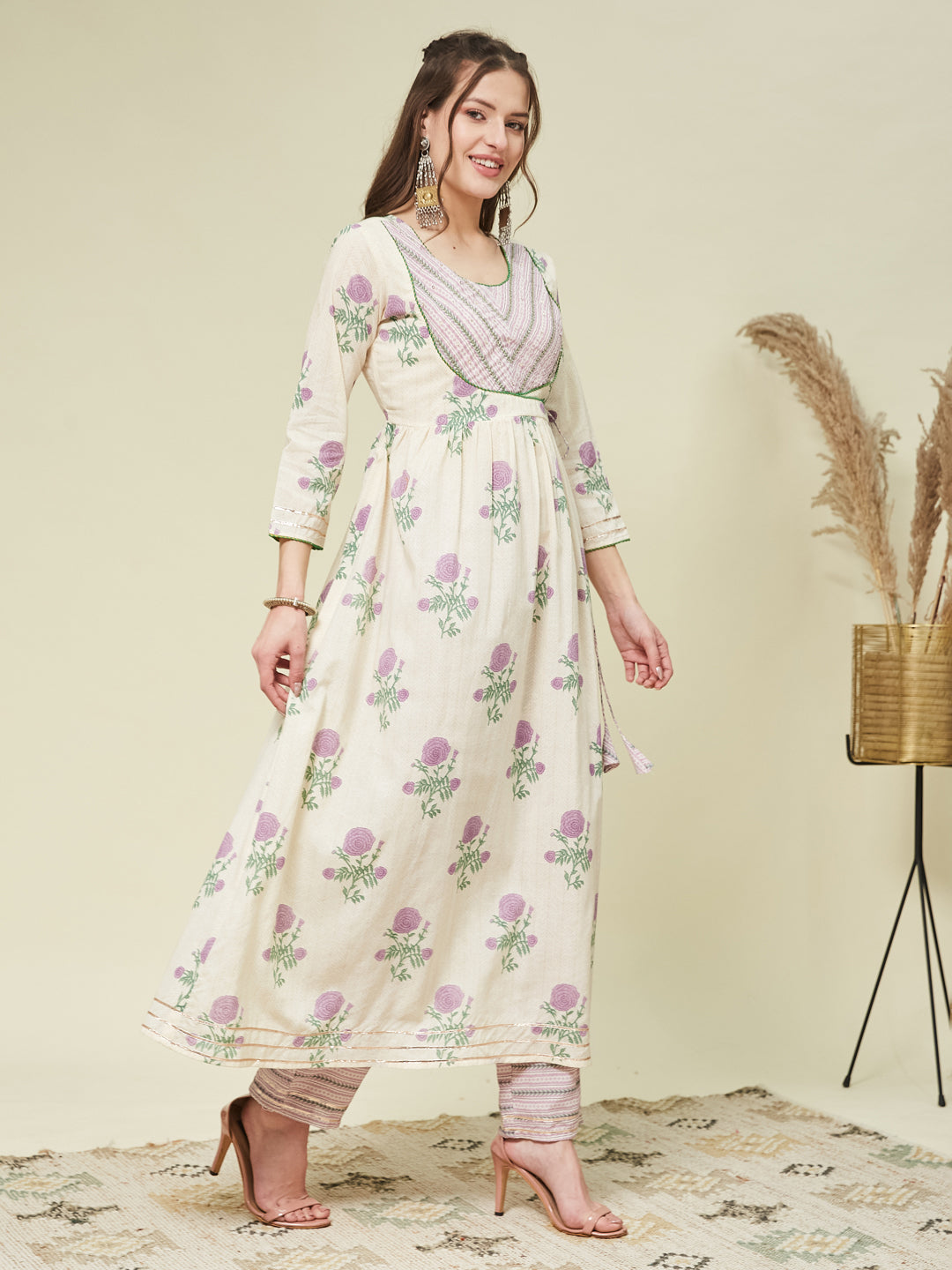 Purple Handwork Cotton printed Anarkali With Dupatta Set