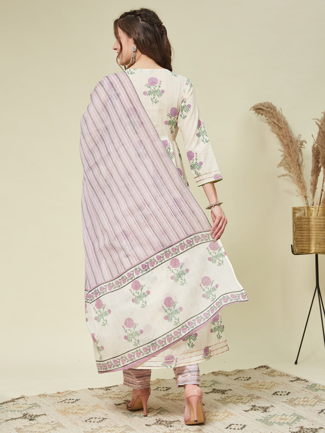 Purple Handwork Cotton printed Anarkali With Dupatta Set