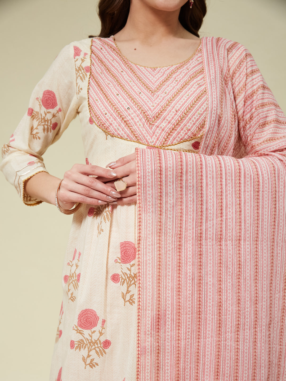 Pink Handwork Cotton printed Anarkali With Dupatta Set