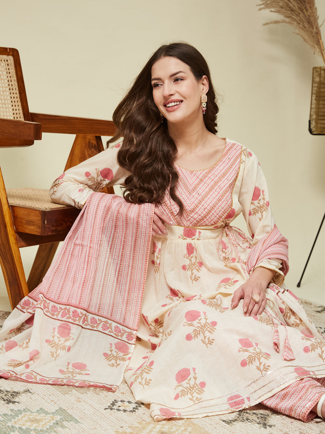 Pink Handwork Cotton printed Anarkali With Dupatta Set