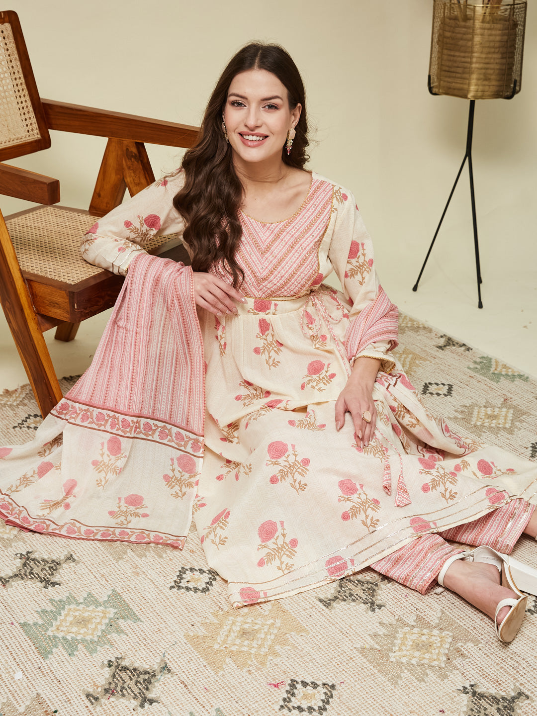 Pink Handwork Cotton printed Anarkali With Dupatta Set