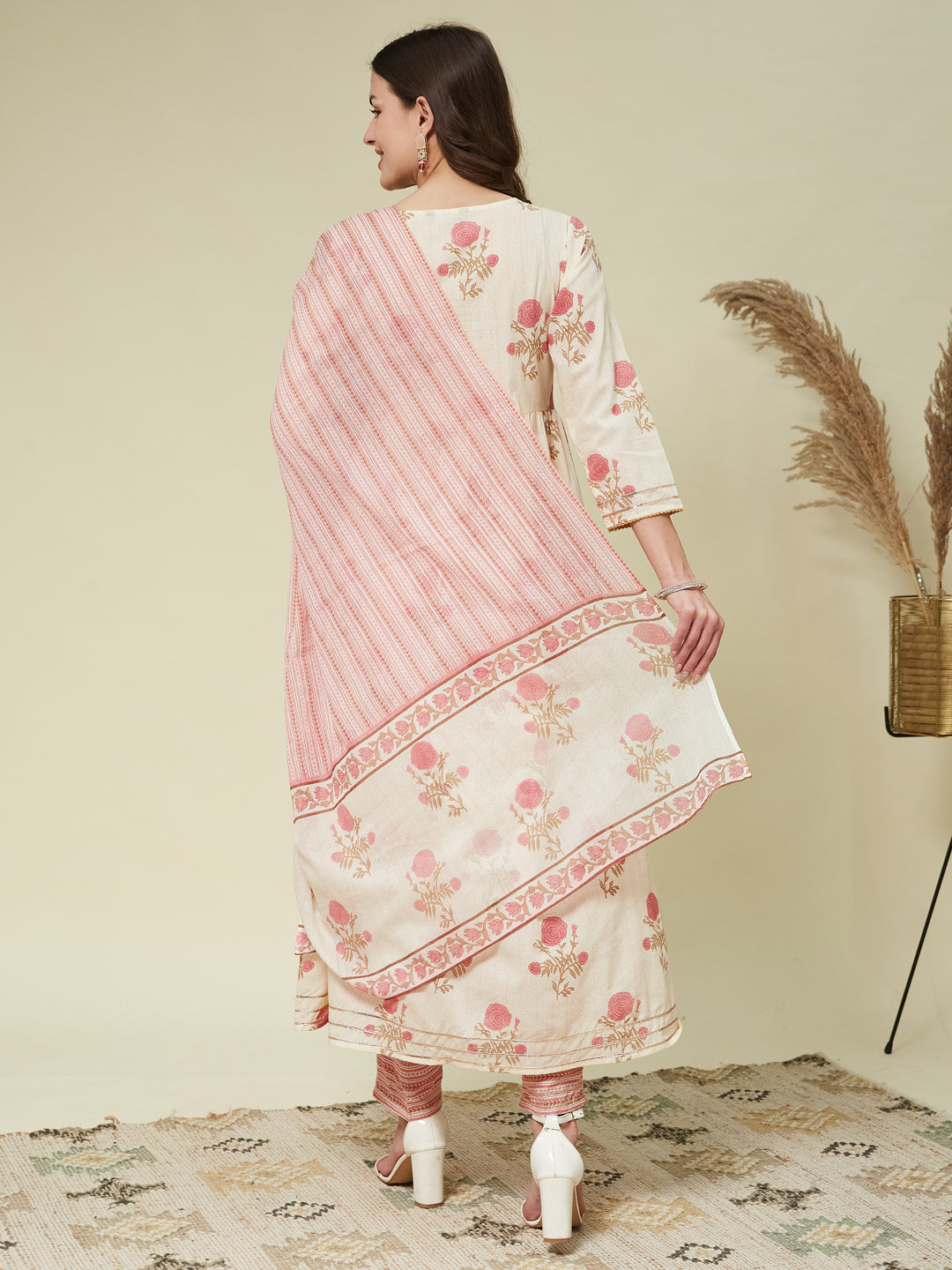 Pink Handwork Cotton printed Anarkali With Dupatta Set