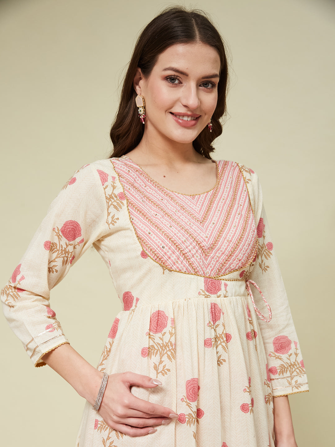 Pink Handwork Cotton printed Anarkali With Dupatta Set