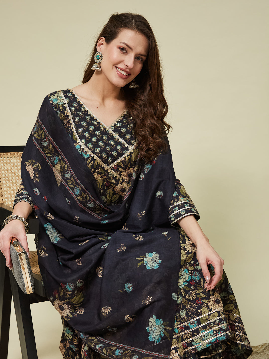 Black Cotton Printed Kurta & Dupatta Set with Handcrafted Detailing