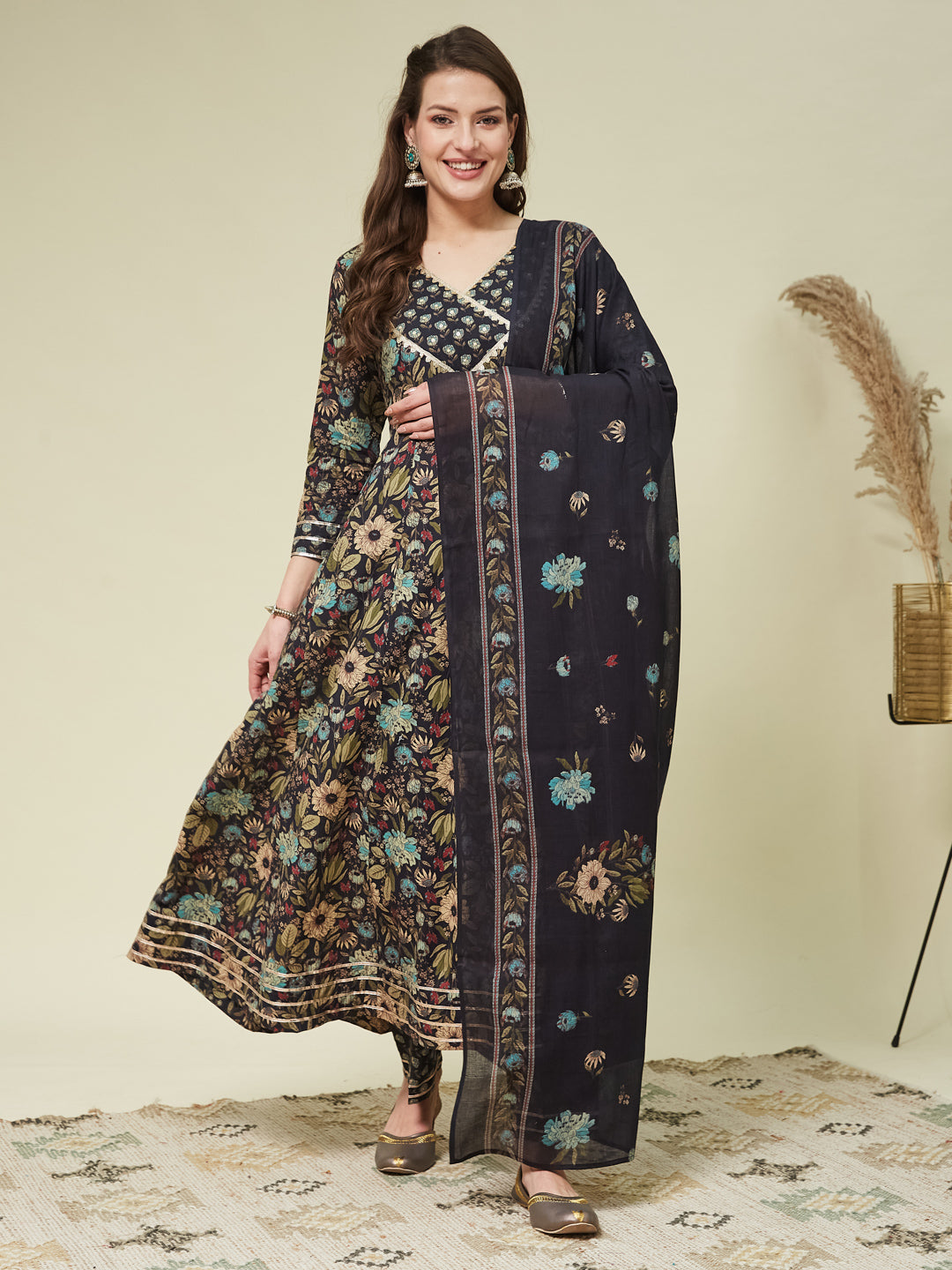 Black Cotton Printed Kurta & Dupatta Set with Handcrafted Detailing