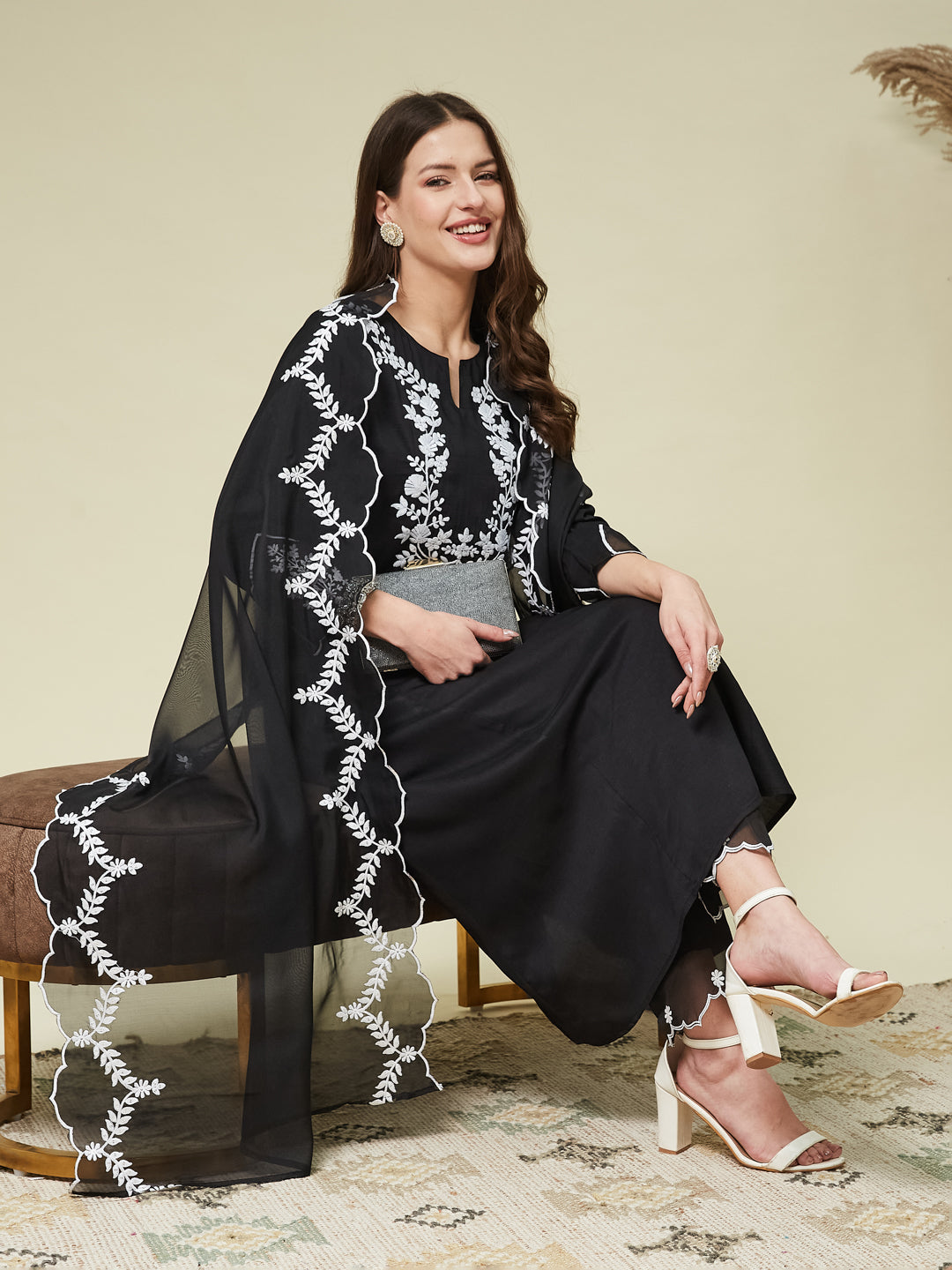 Black Silk Solid Embroidered Kurta With Dupatta Set