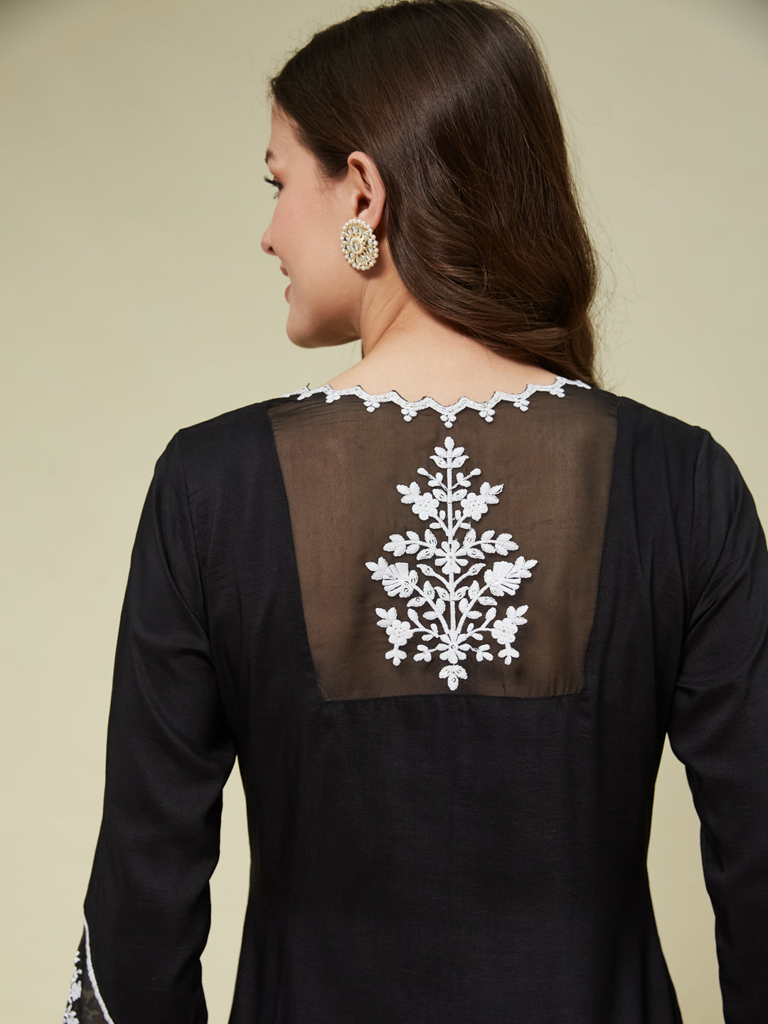 Black Silk Solid Embroidered Kurta With Dupatta Set