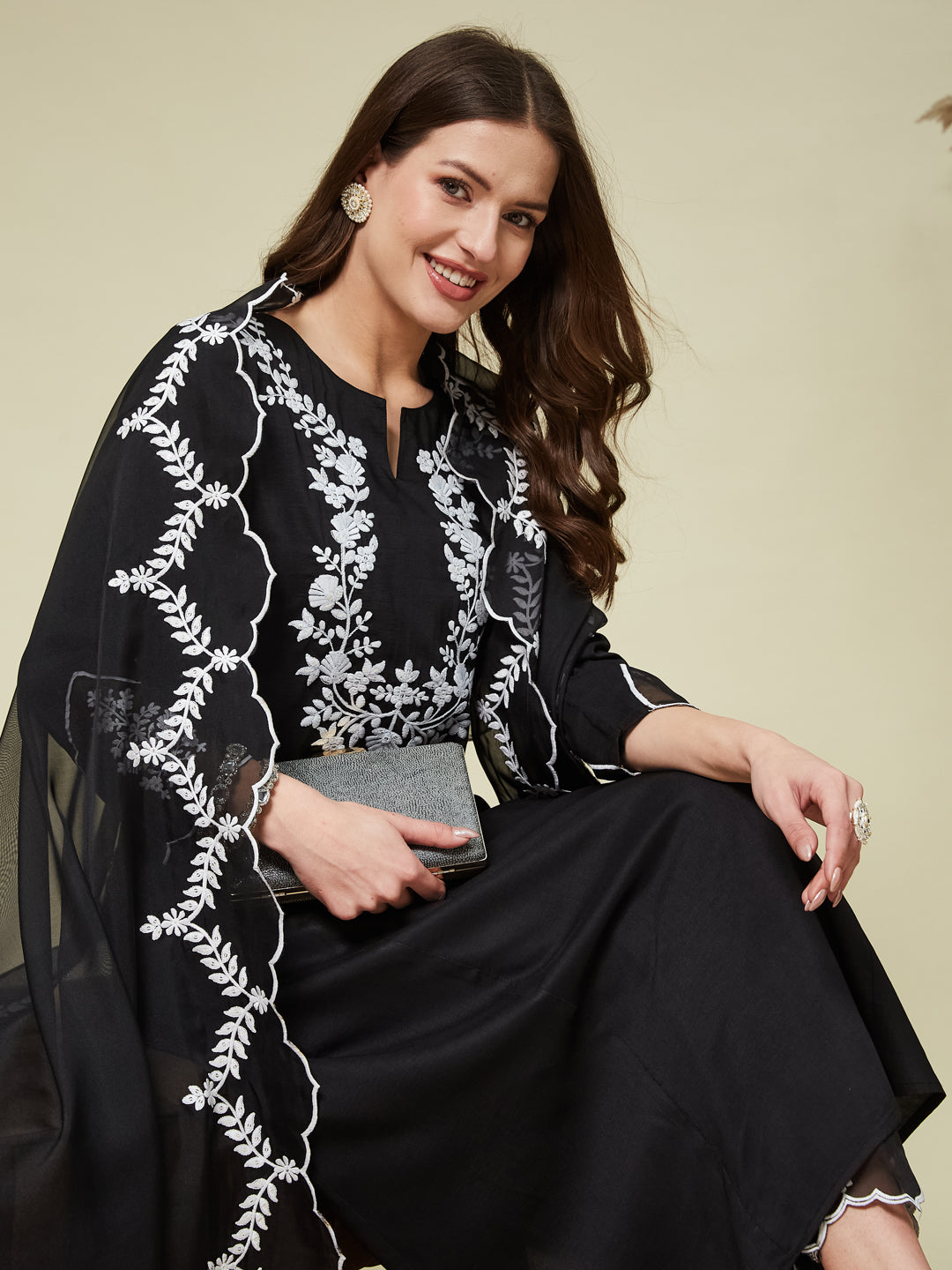 Black Silk Solid Embroidered Kurta With Dupatta Set